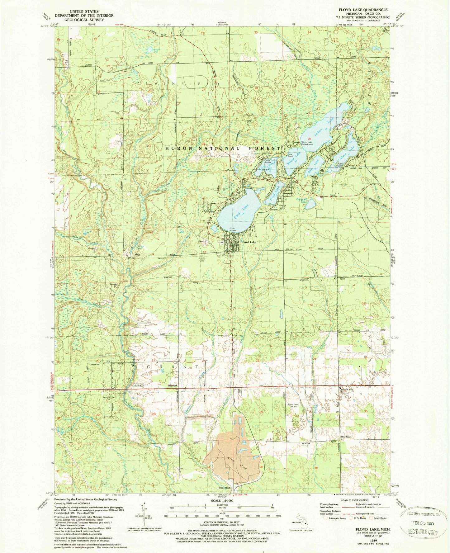 Classic USGS Floyd Lake Michigan 7.5'x7.5' Topo Map Image