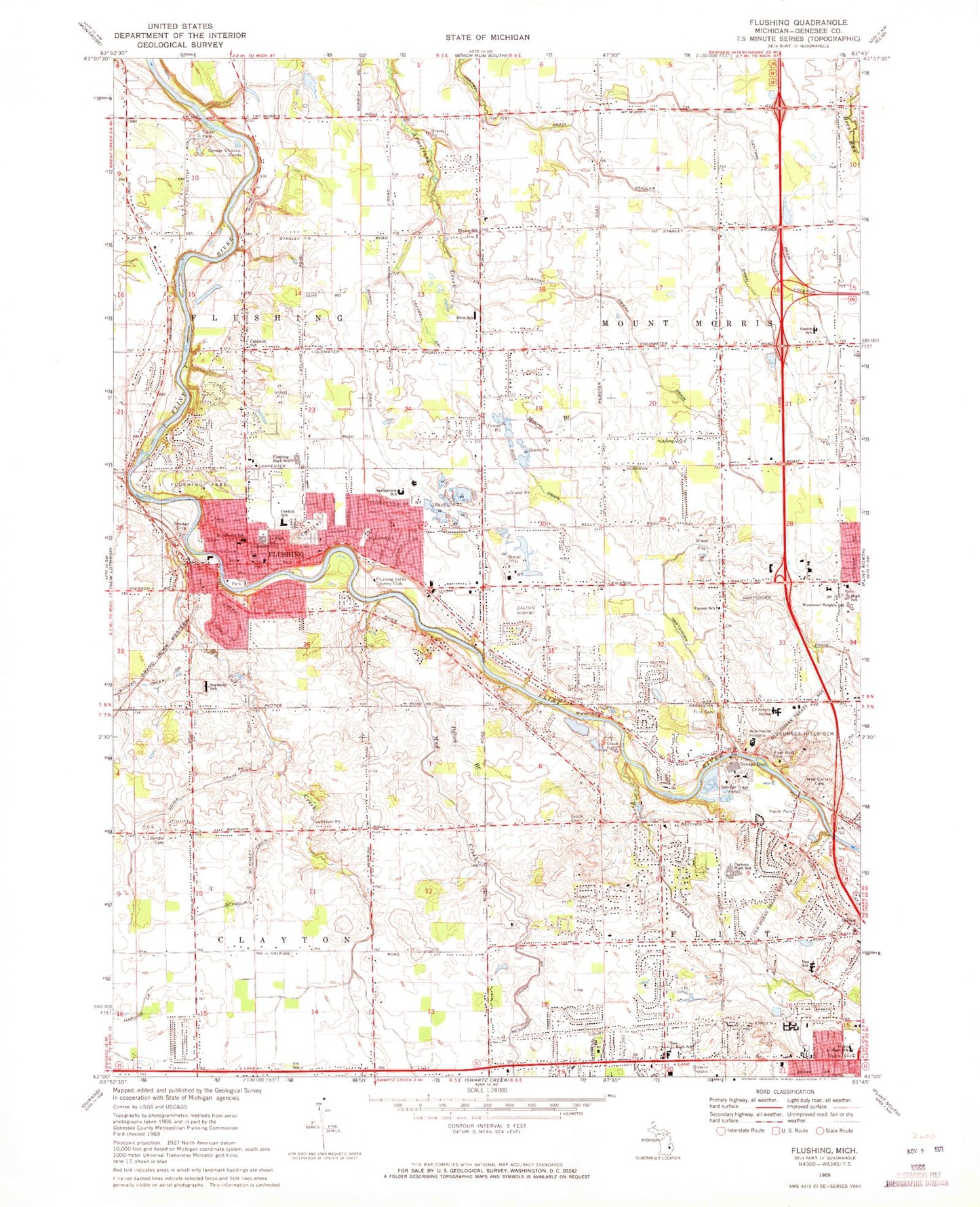 Classic USGS Flushing Michigan 7.5'x7.5' Topo Map Image