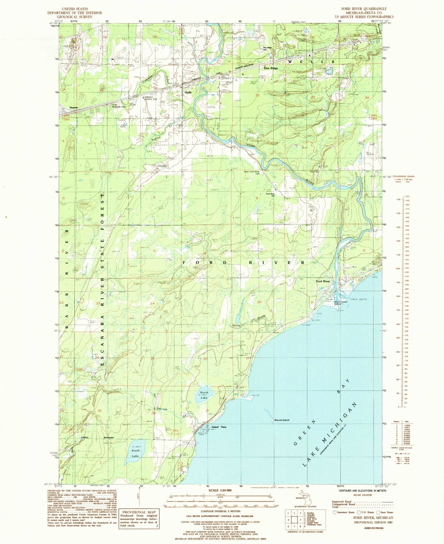 Classic USGS Ford River Michigan 7.5'x7.5' Topo Map Image