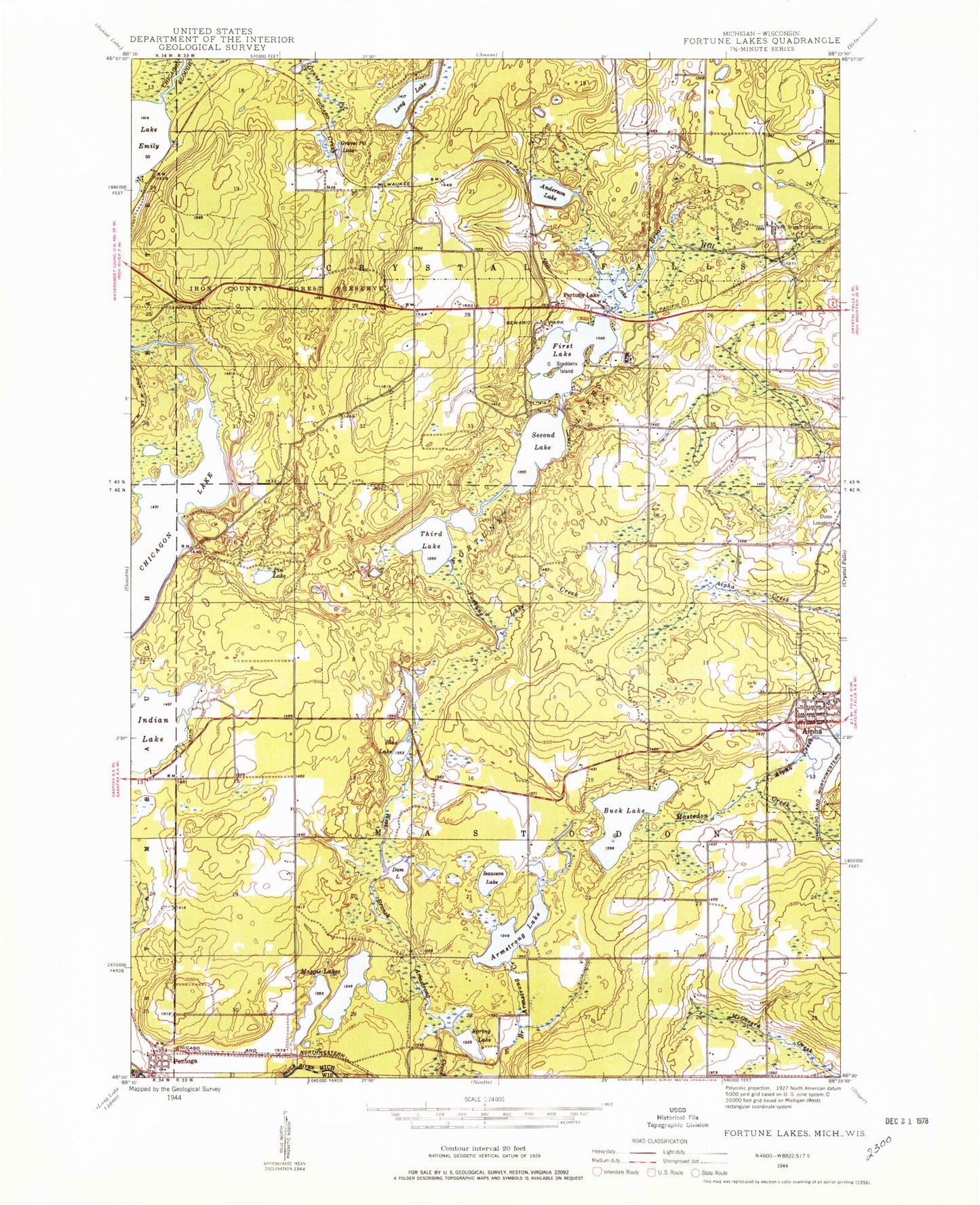 Classic USGS Fortune Lakes Michigan 7.5'x7.5' Topo Map Image
