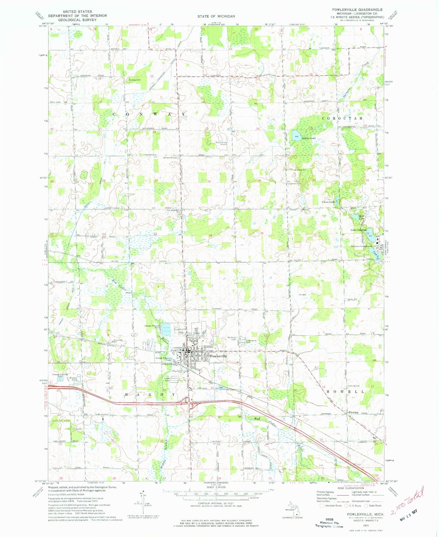 Classic USGS Fowlerville Michigan 7.5'x7.5' Topo Map Image