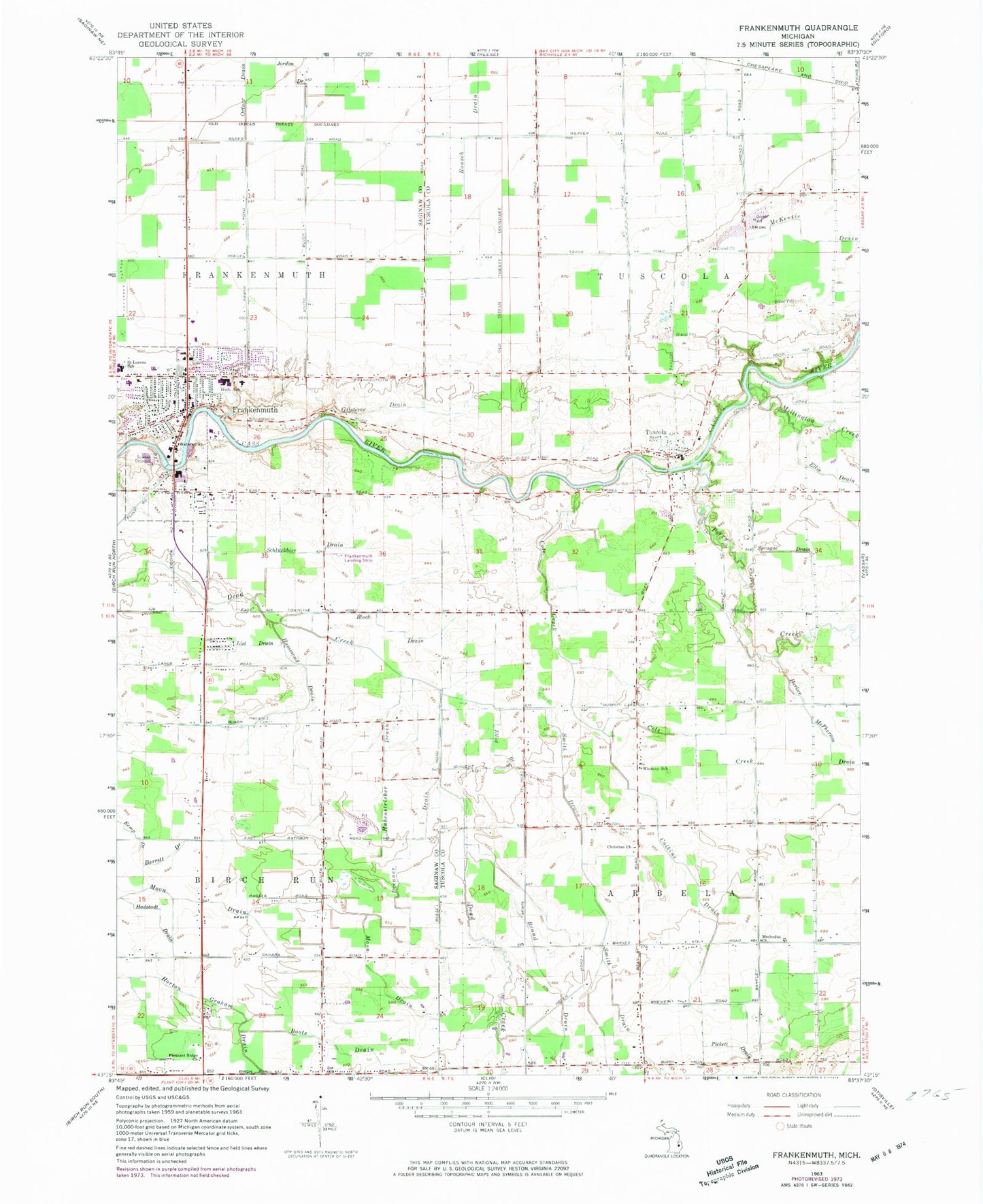 Classic USGS Frankenmuth Michigan 7.5'x7.5' Topo Map Image