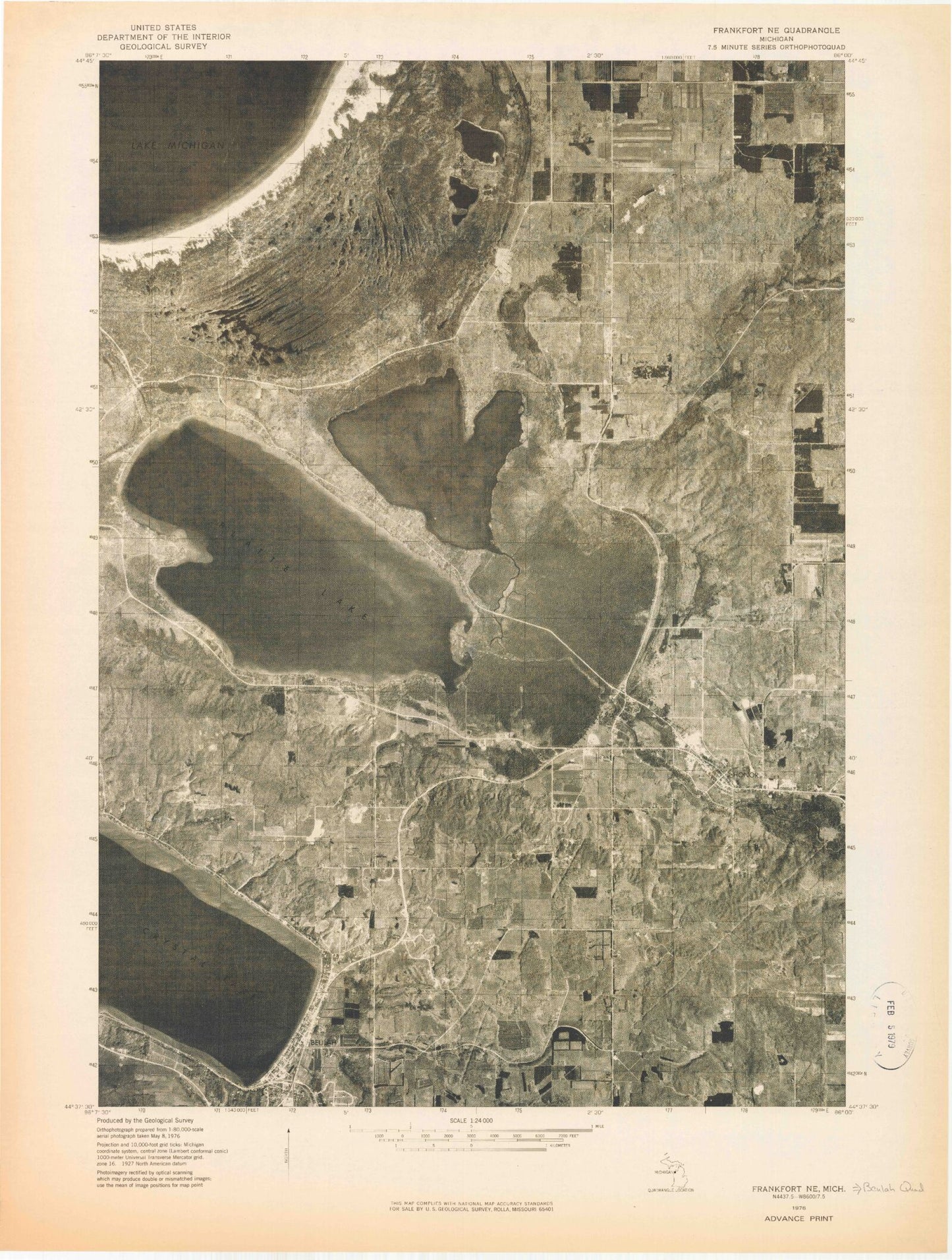 Classic USGS Beulah Michigan 7.5'x7.5' Topo Map Image