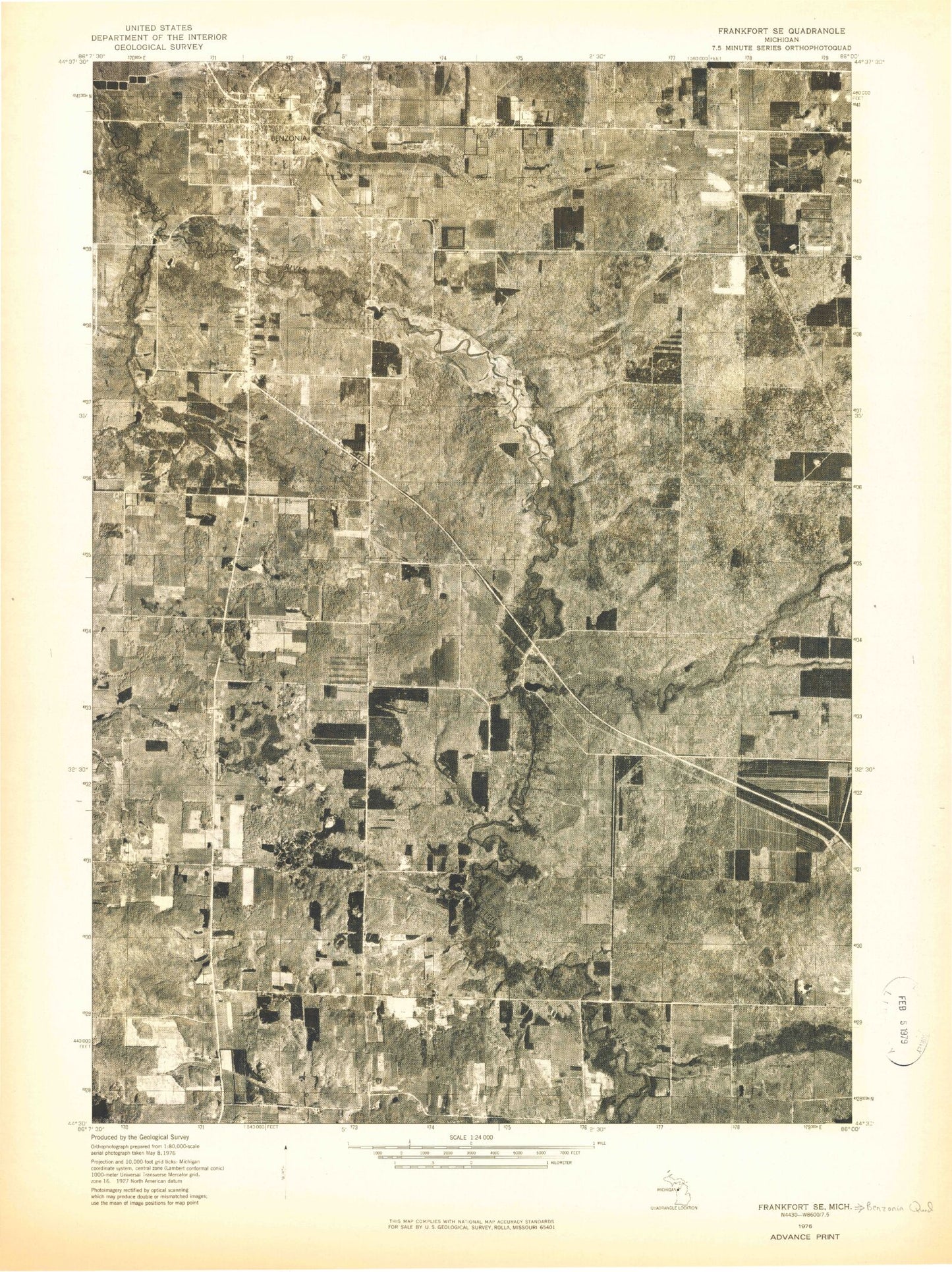 Classic USGS Benzonia Michigan 7.5'x7.5' Topo Map Image