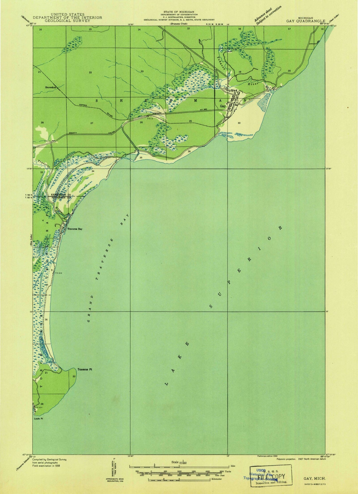 Classic USGS Gay Michigan 7.5'x7.5' Topo Map Image