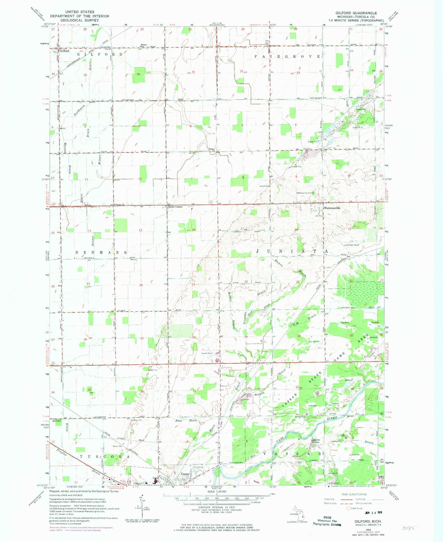 Classic USGS Gilford Michigan 7.5'x7.5' Topo Map Image