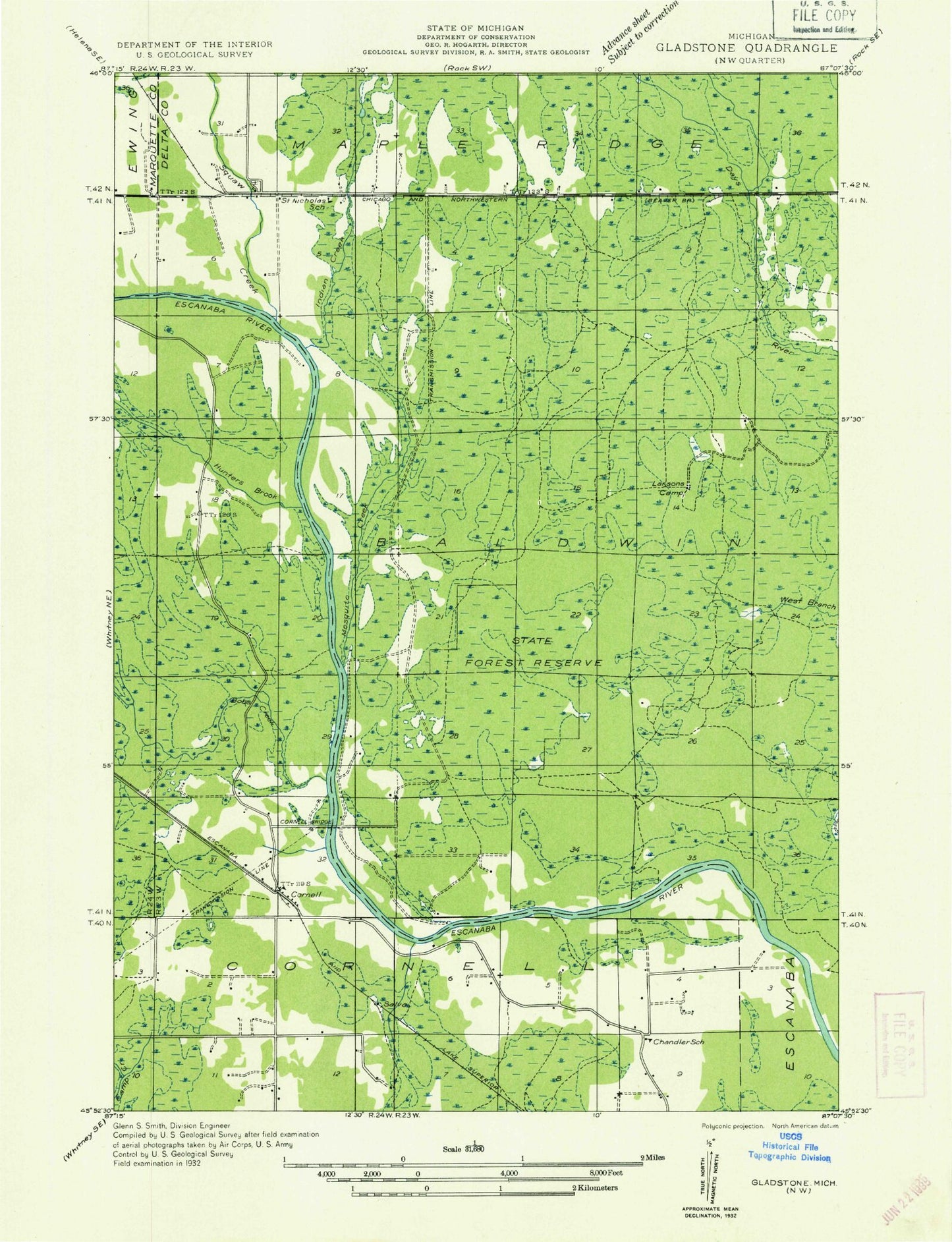 Classic USGS Cornell Michigan 7.5'x7.5' Topo Map Image