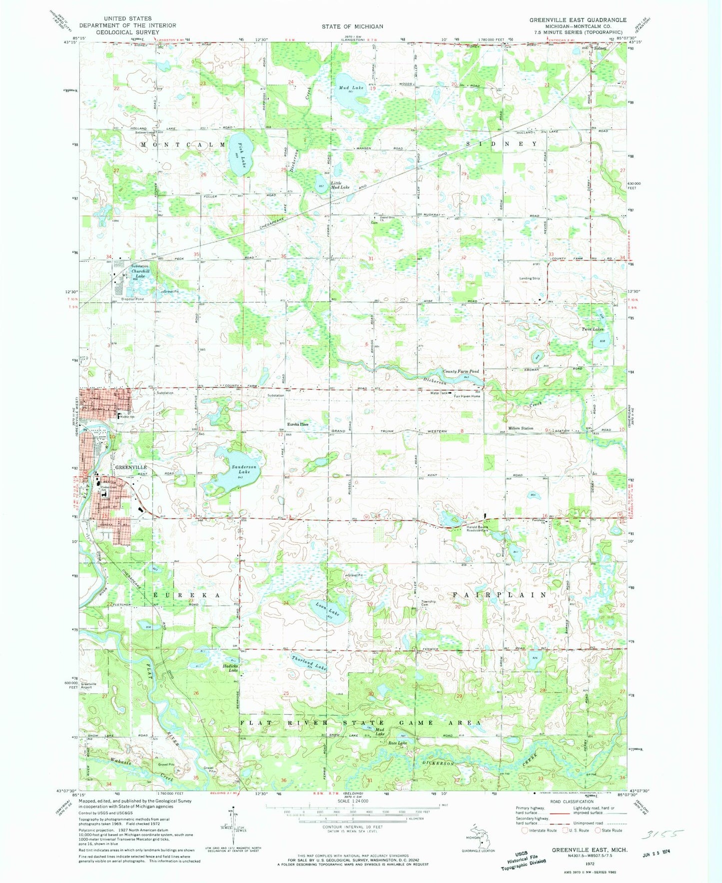 Classic USGS Greenville East Michigan 7.5'x7.5' Topo Map Image