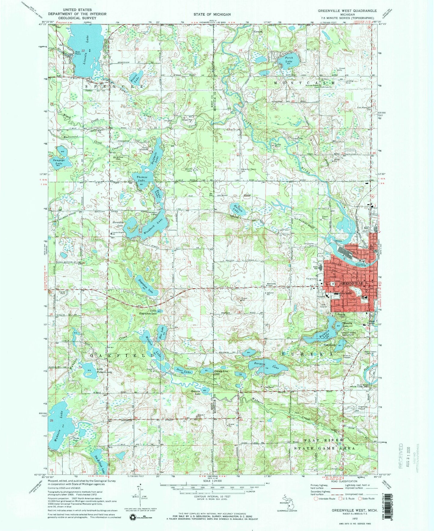 Classic USGS Greenville West Michigan 7.5'x7.5' Topo Map Image