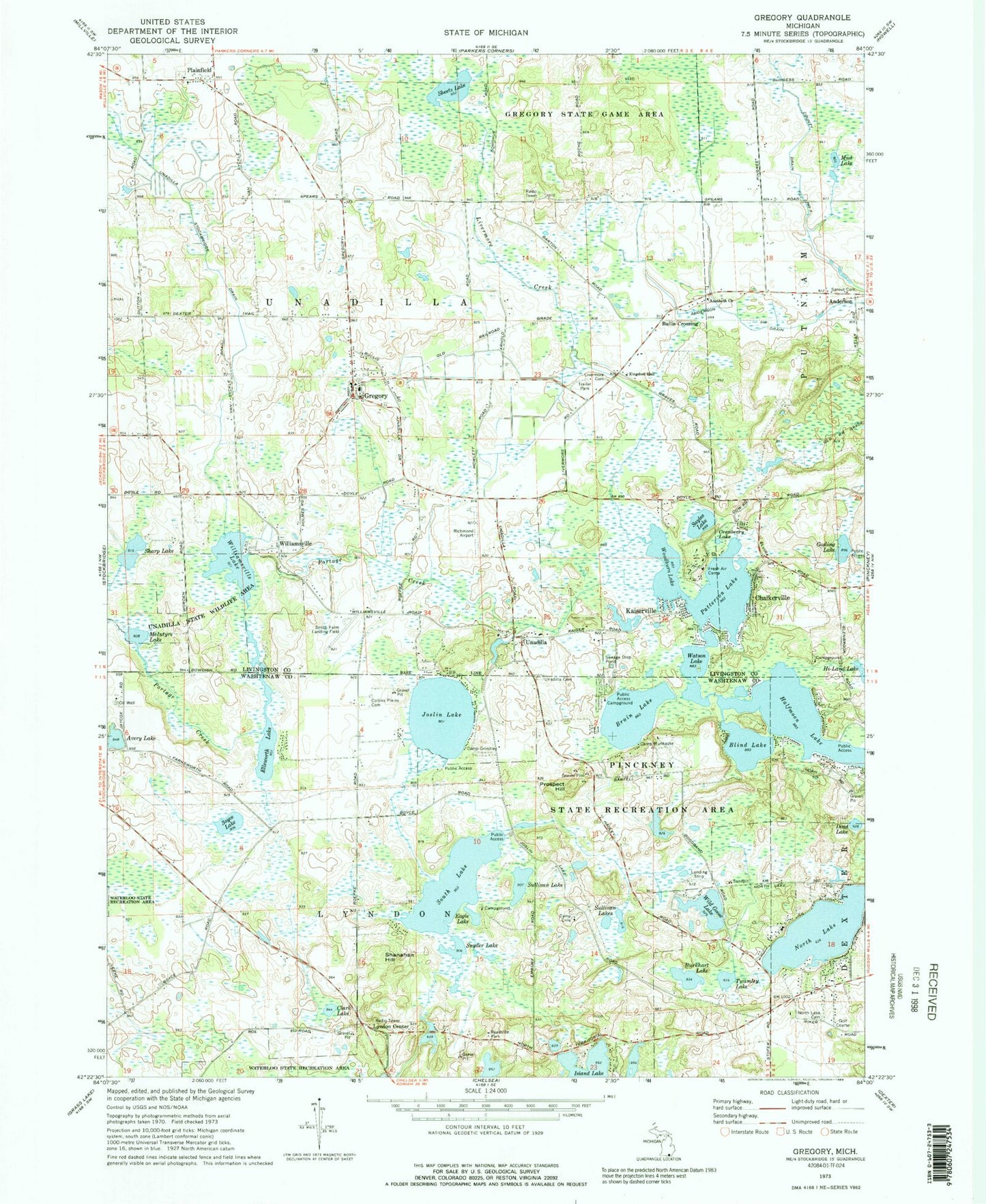 Classic USGS Gregory Michigan 7.5'x7.5' Topo Map Image