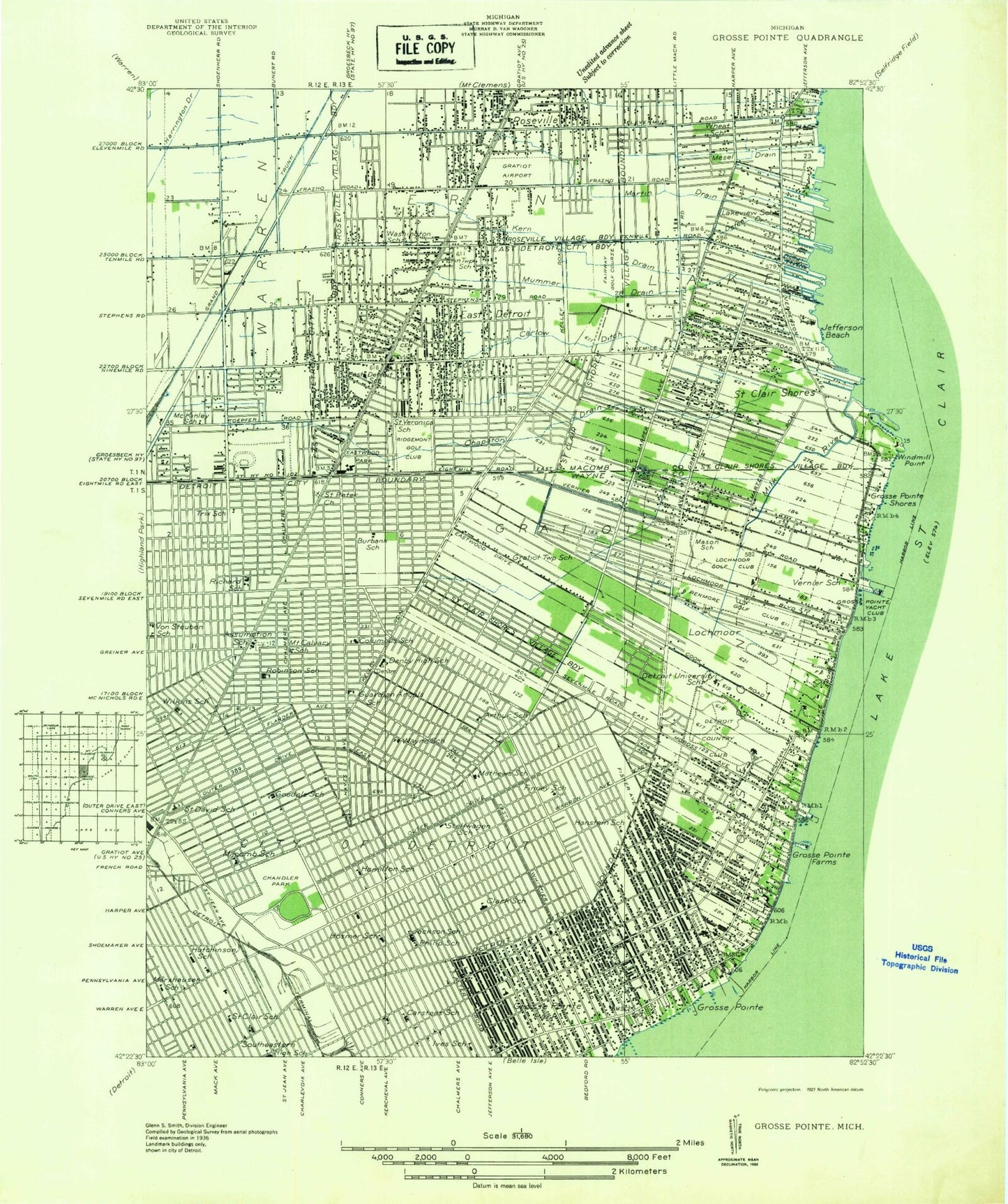Classic USGS Grosse Pointe Michigan 7.5'x7.5' Topo Map Image