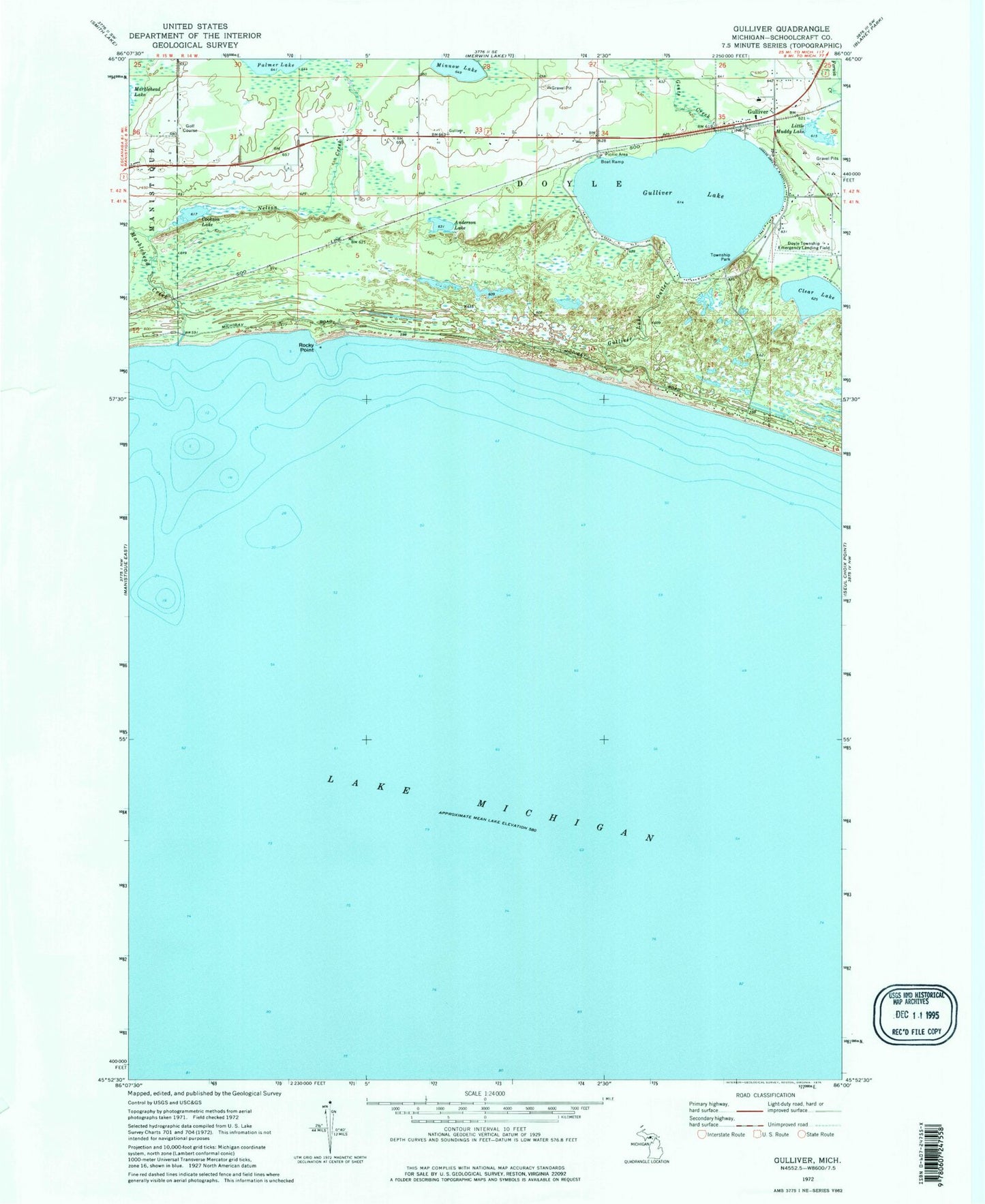 Classic USGS Gulliver Michigan 7.5'x7.5' Topo Map Image