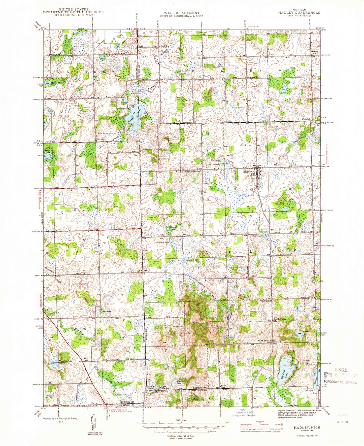 Classic USGS Hadley Michigan 7.5'x7.5' Topo Map Image
