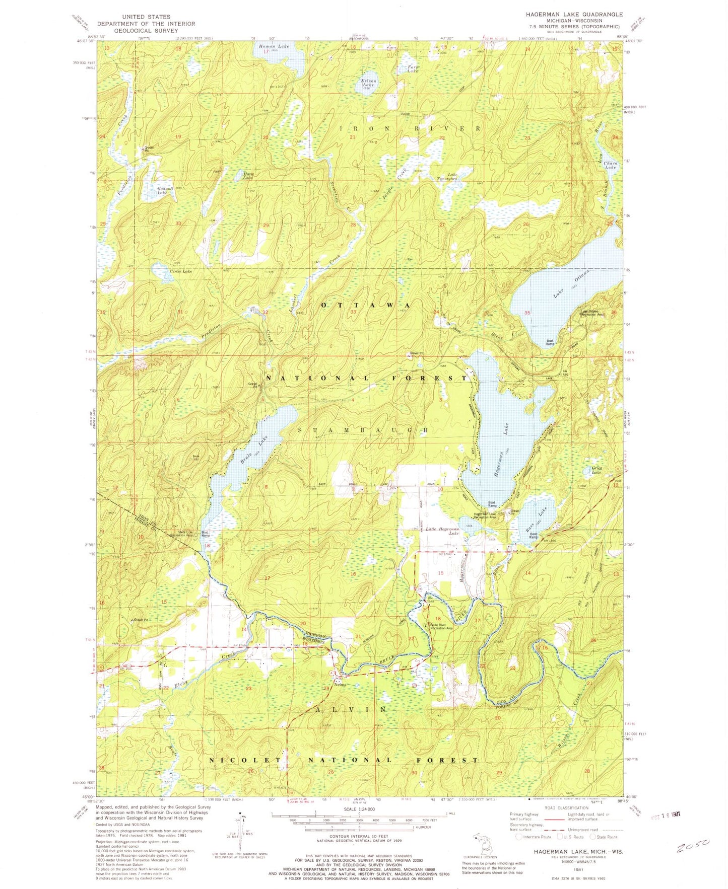 Classic USGS Hagerman Lake Michigan 7.5'x7.5' Topo Map Image