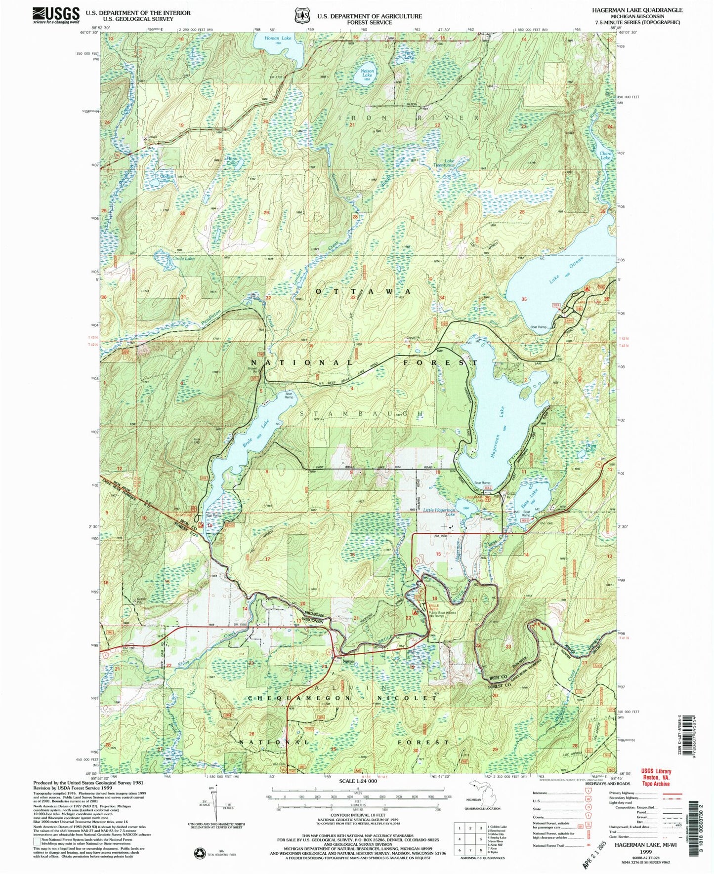 Classic USGS Hagerman Lake Michigan 7.5'x7.5' Topo Map Image