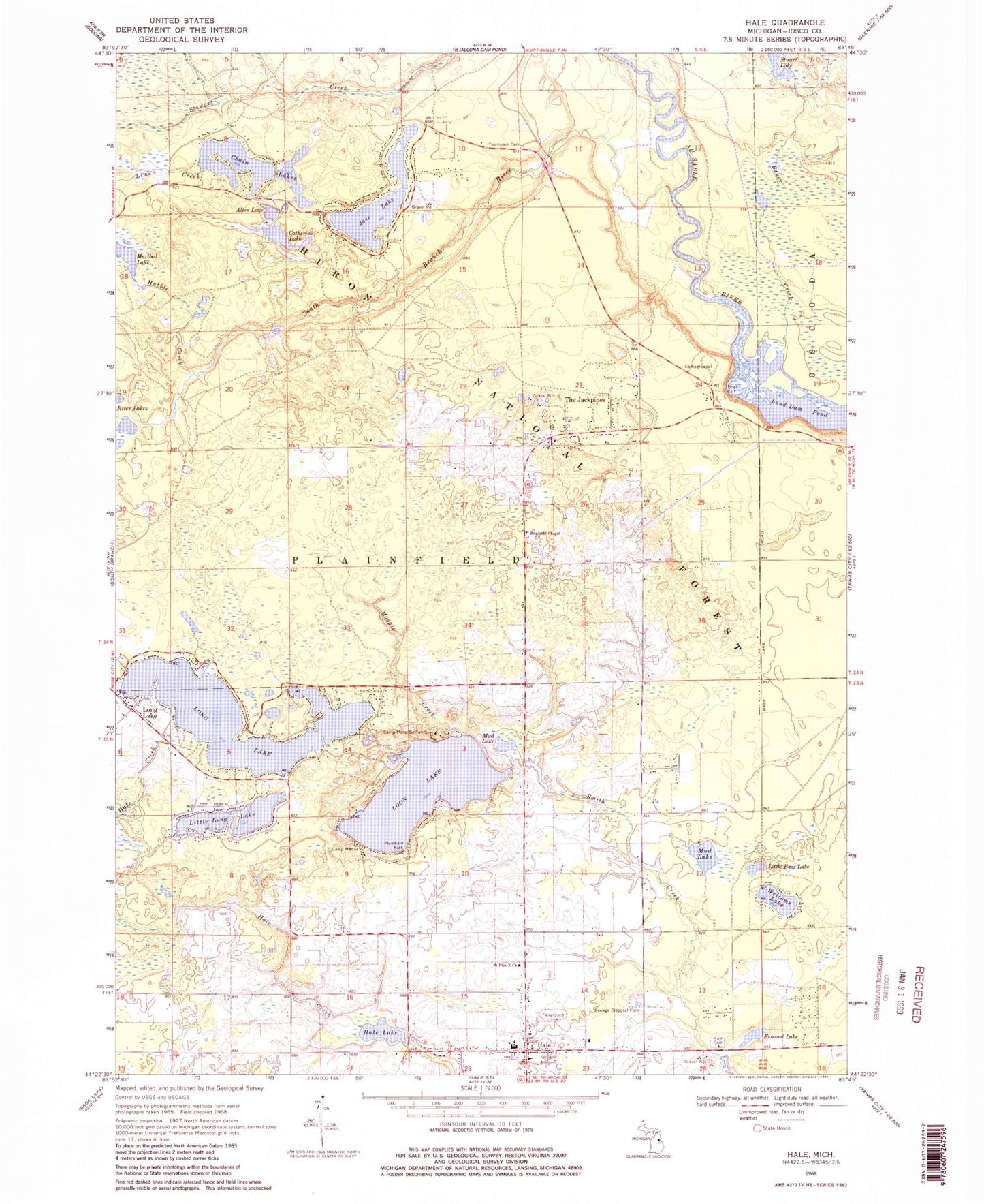 Classic USGS Hale Michigan 7.5'x7.5' Topo Map Image