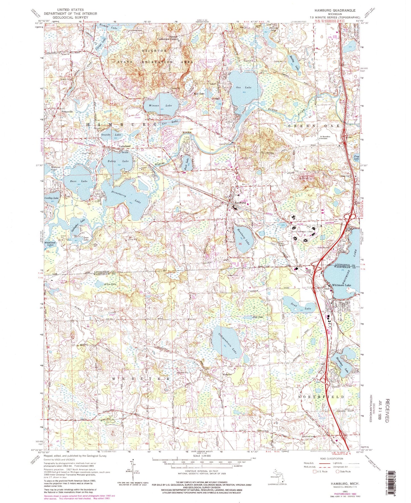 Classic USGS Hamburg Michigan 7.5'x7.5' Topo Map Image