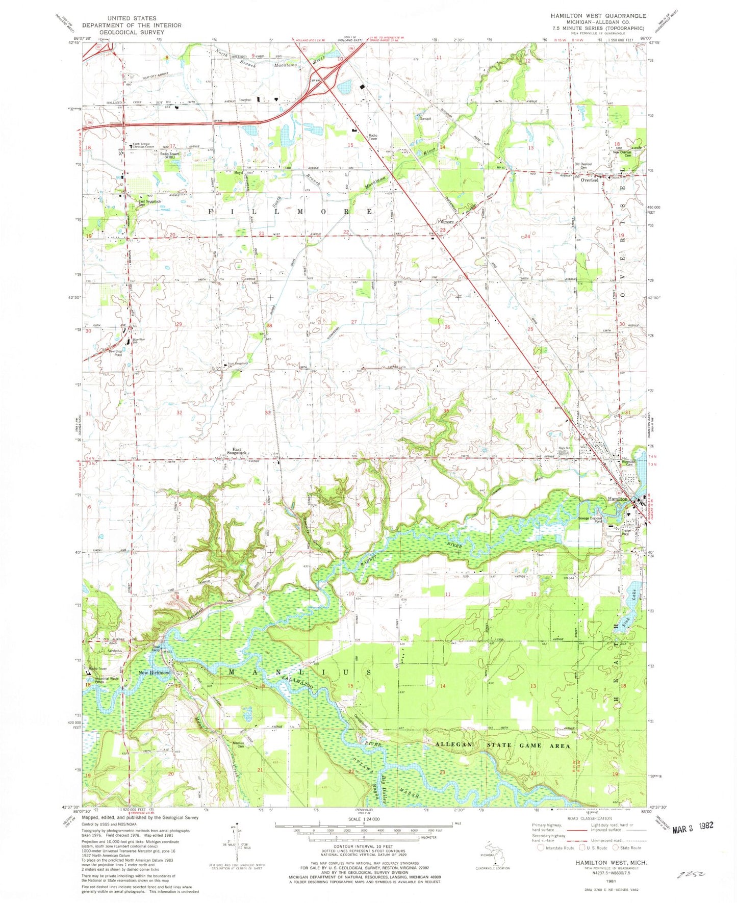 Classic USGS Hamilton West Michigan 7.5'x7.5' Topo Map Image