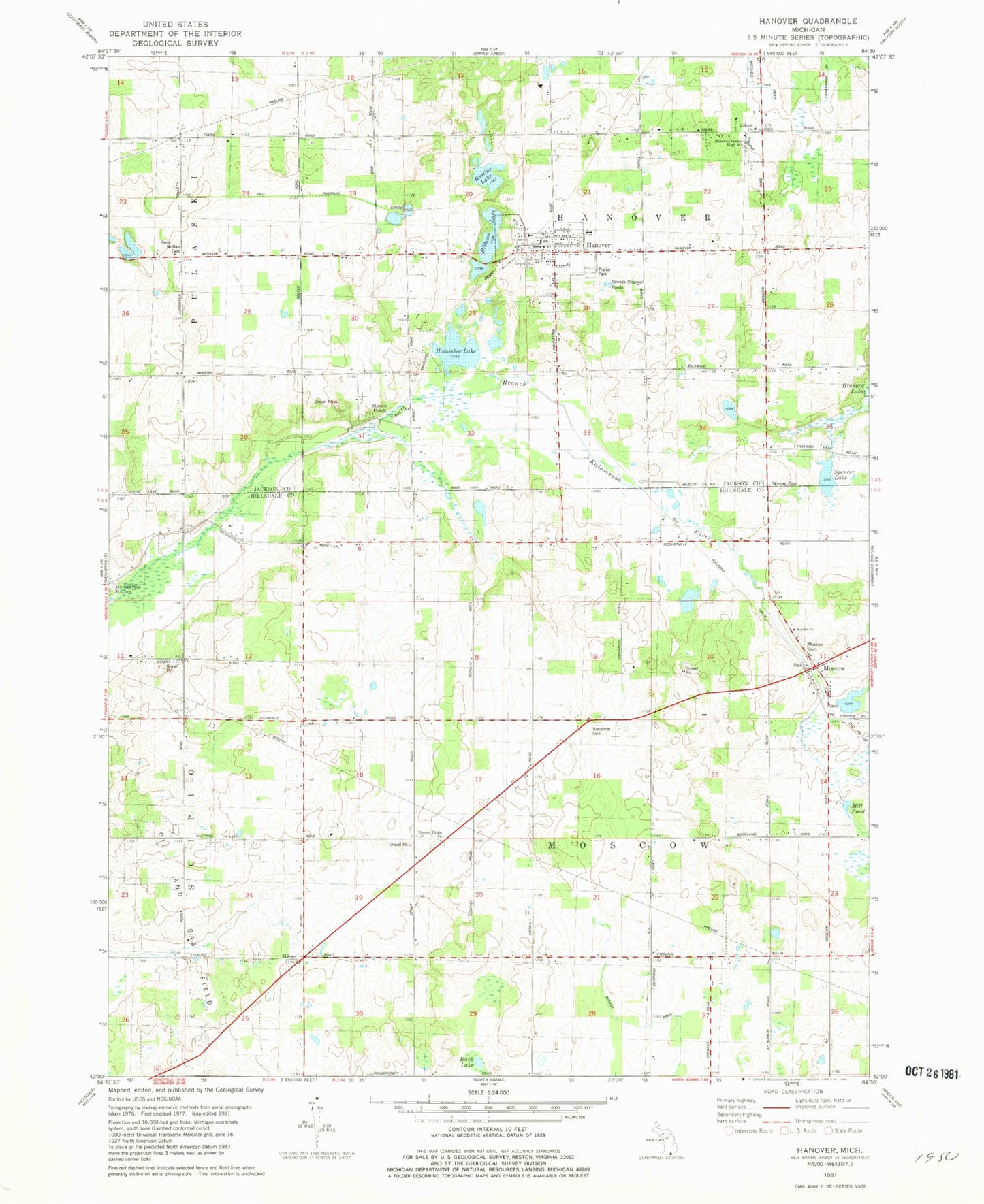 Classic USGS Hanover Michigan 7.5'x7.5' Topo Map Image