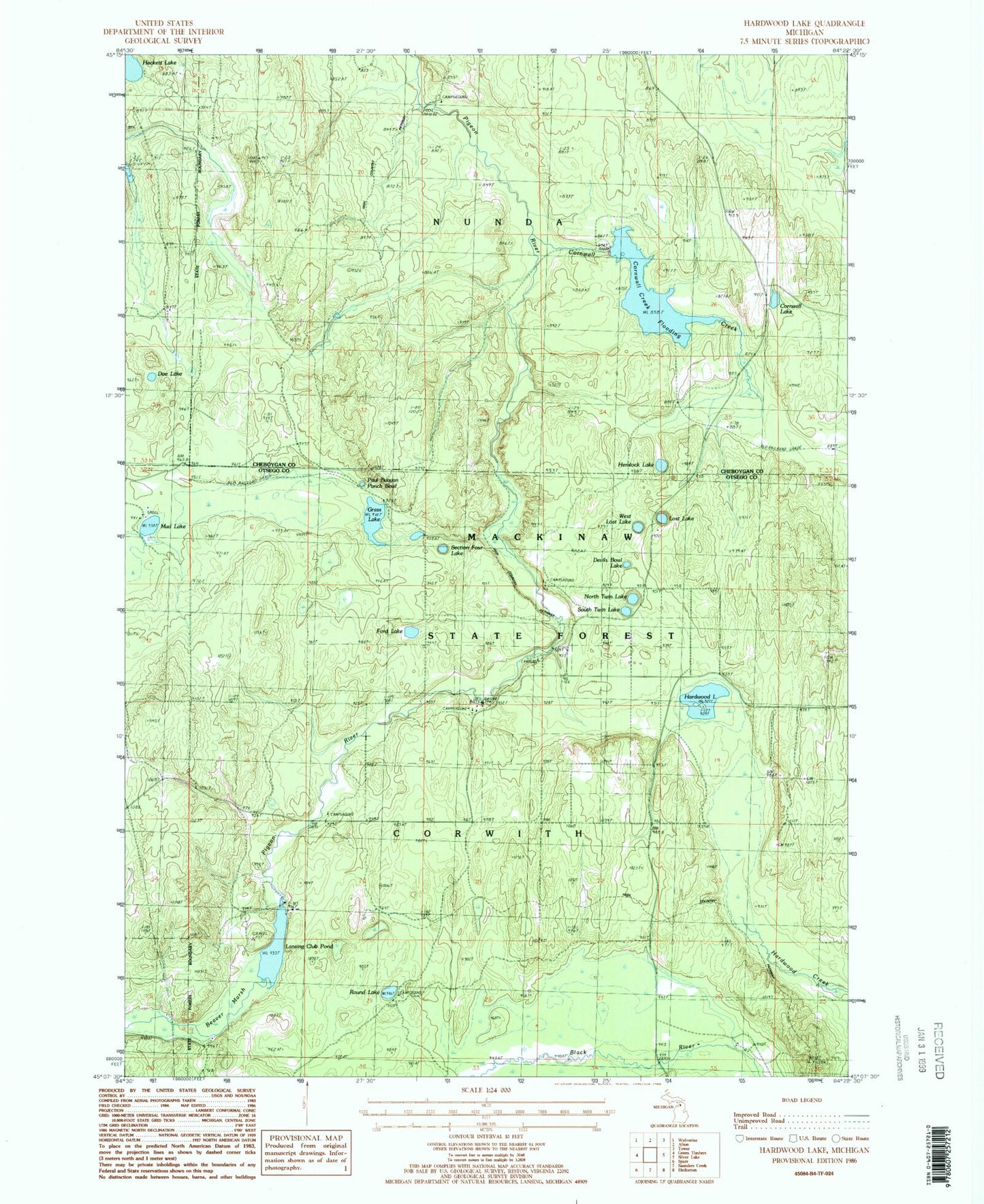 Classic USGS Hardwood Lake Michigan 7.5'x7.5' Topo Map Image