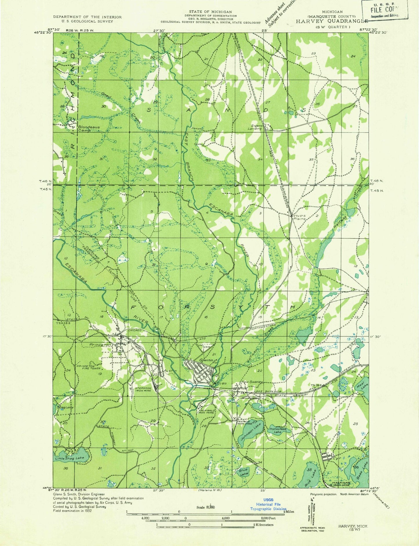 Classic USGS Gwinn Michigan 7.5'x7.5' Topo Map Image