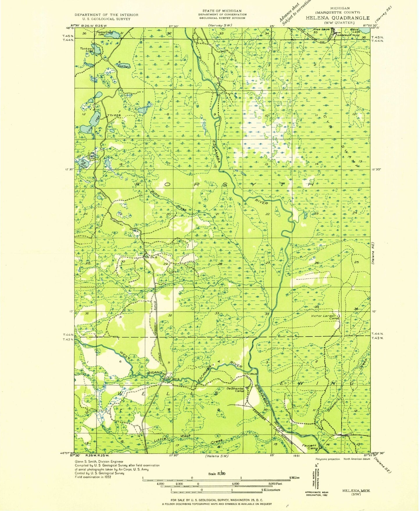 Classic USGS Anderson Lake Michigan 7.5'x7.5' Topo Map Image