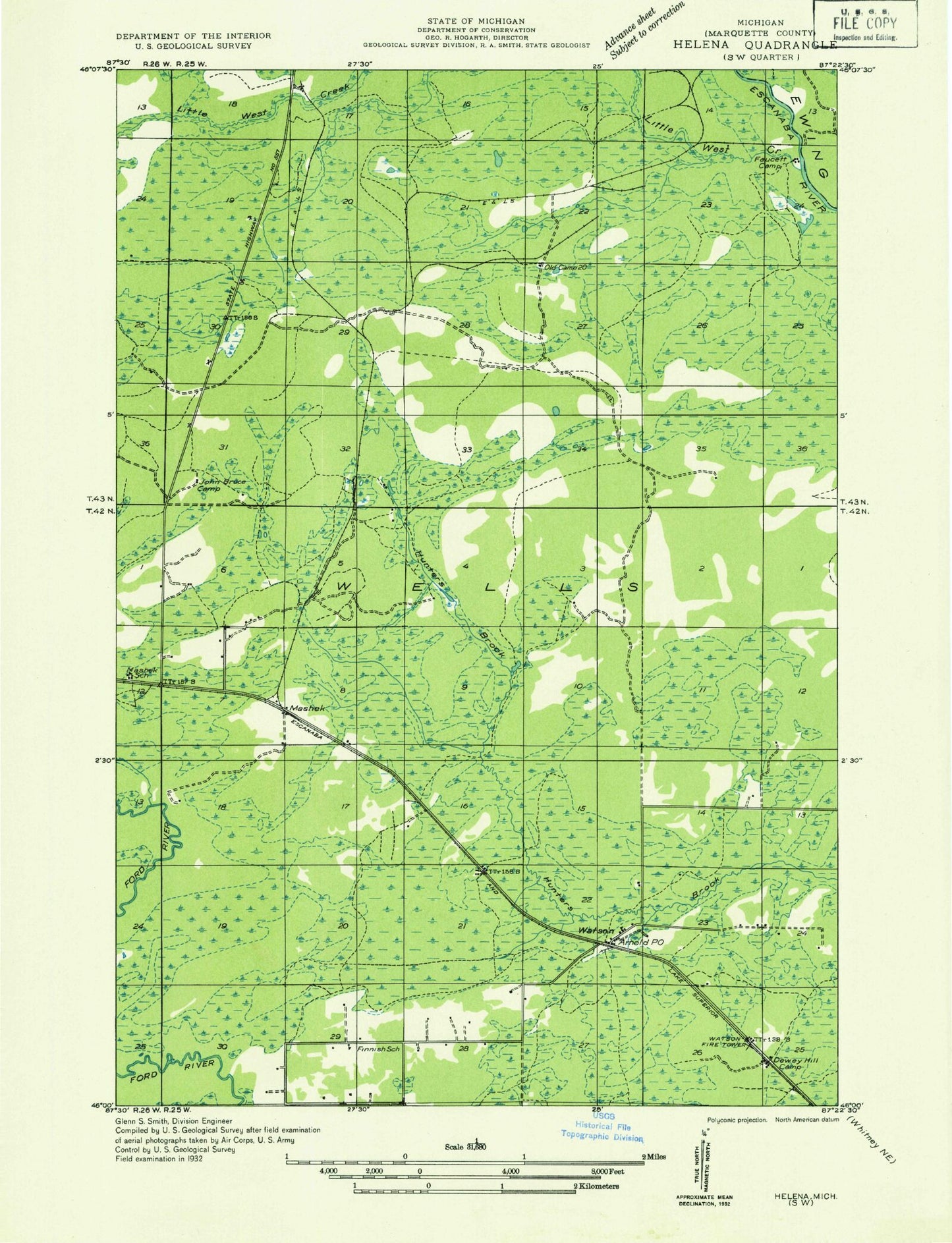 Classic USGS Arnold Michigan 7.5'x7.5' Topo Map Image