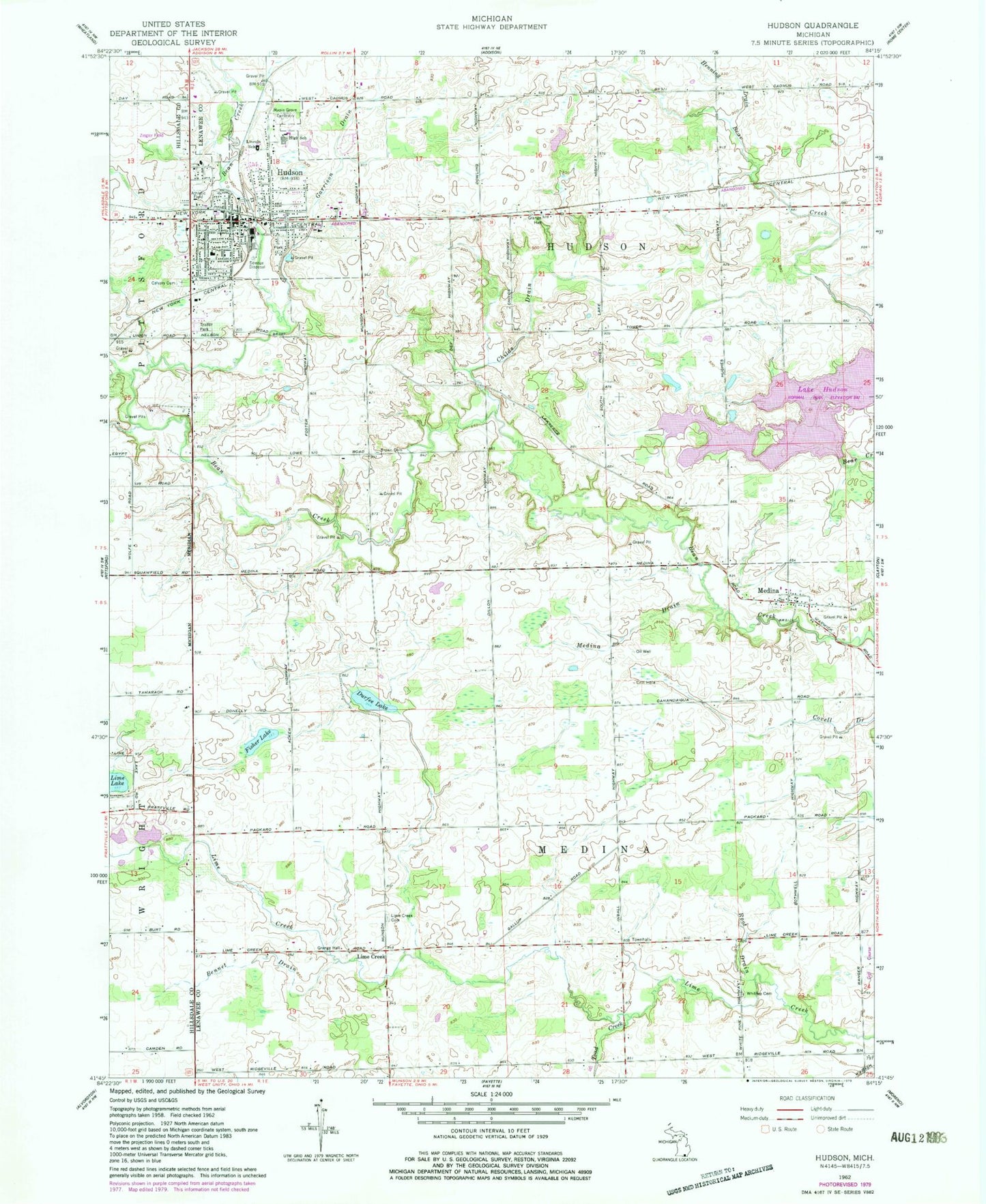 Classic USGS Hudson Michigan 7.5'x7.5' Topo Map Image