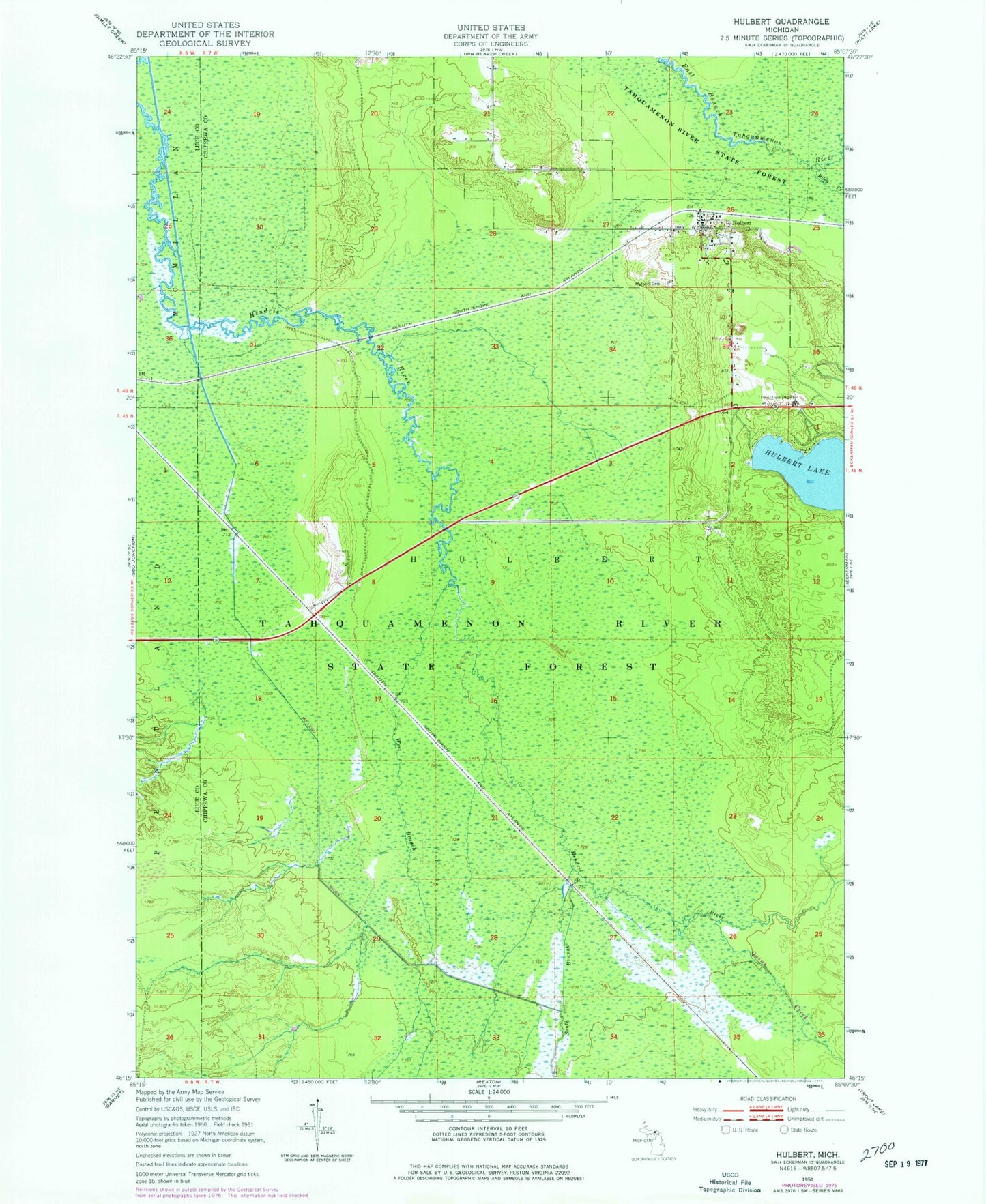 Classic USGS Hulbert Michigan 7.5'x7.5' Topo Map Image