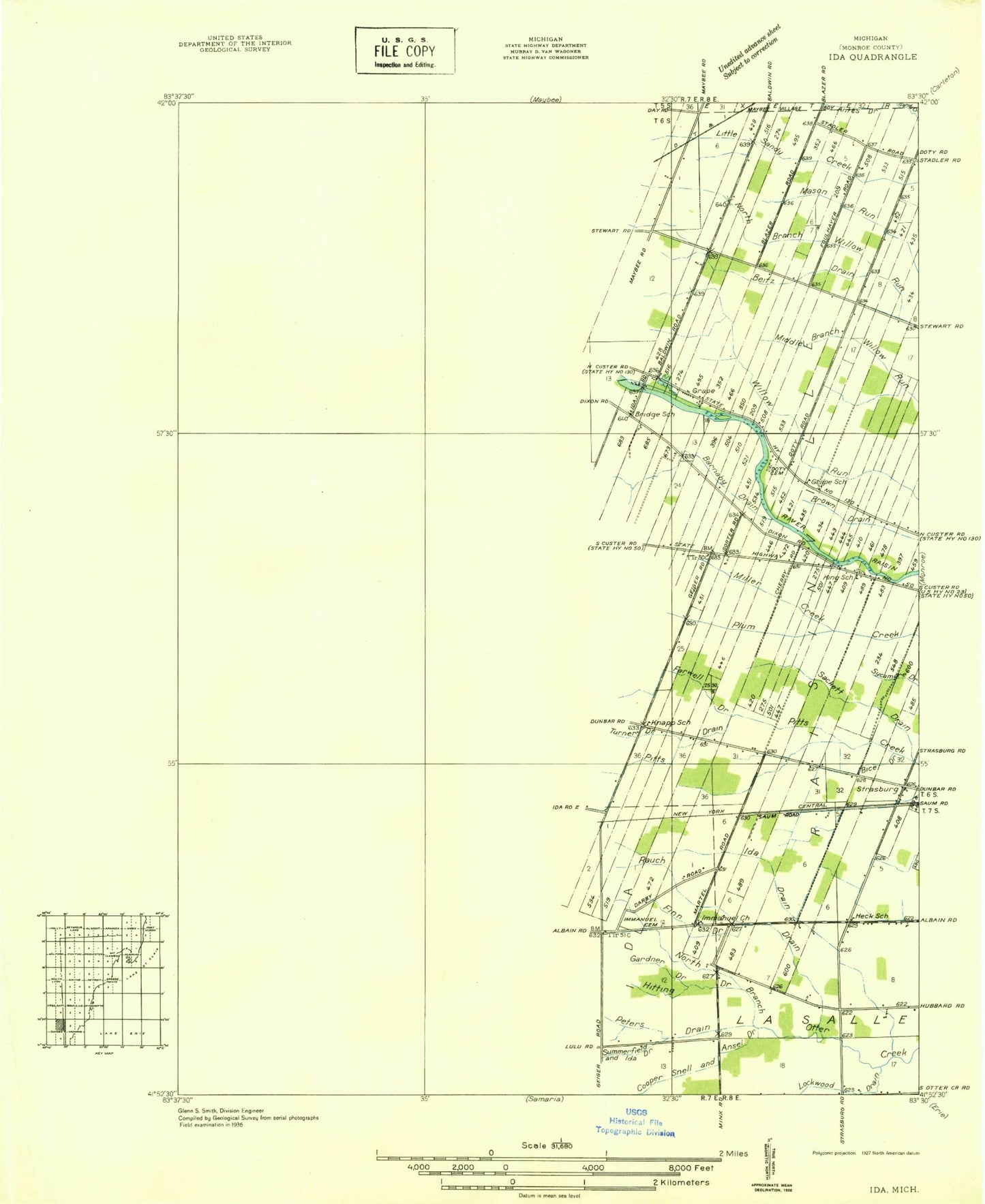 Classic USGS Ida Michigan 7.5'x7.5' Topo Map Image