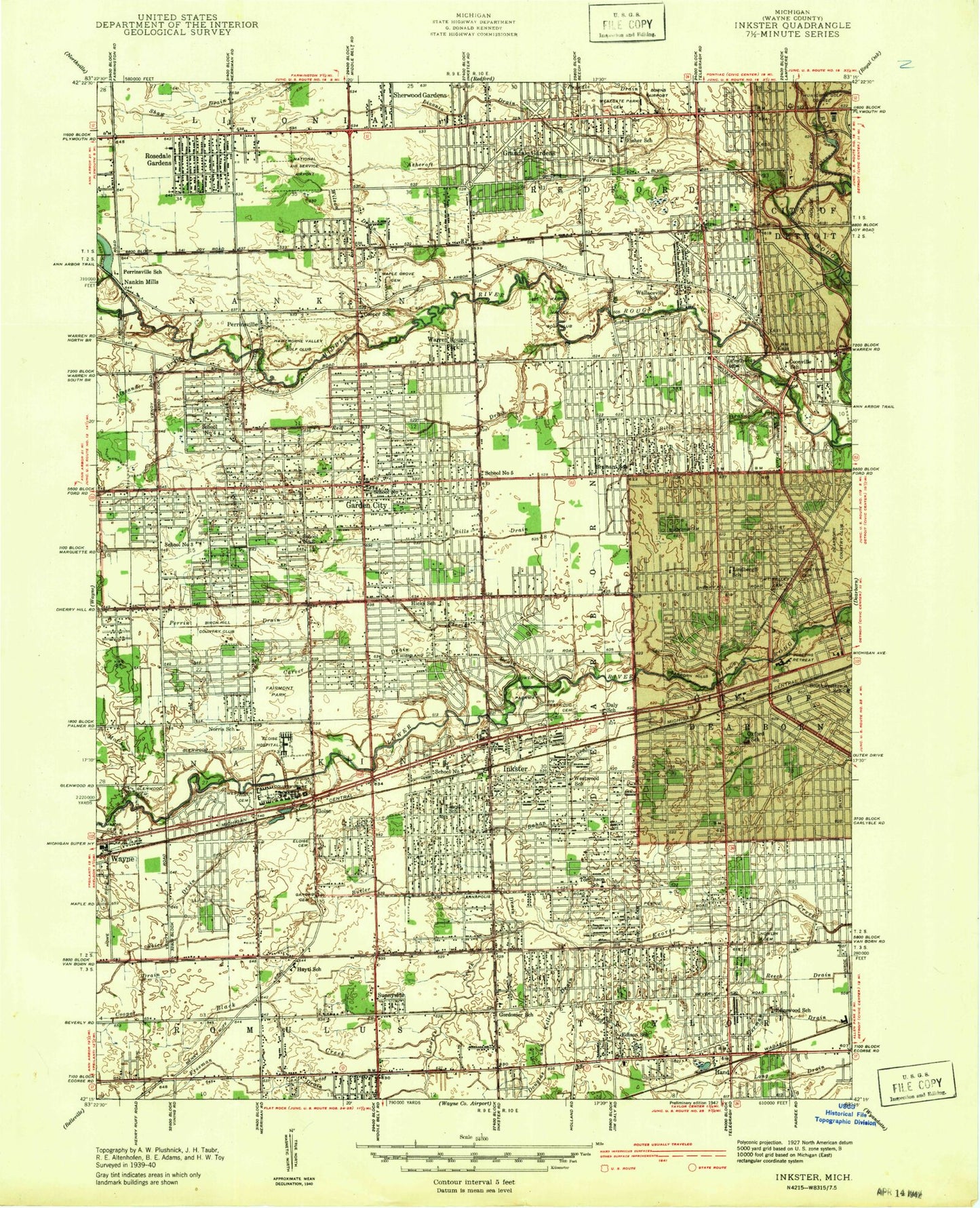 Classic USGS Inkster Michigan 7.5'x7.5' Topo Map Image