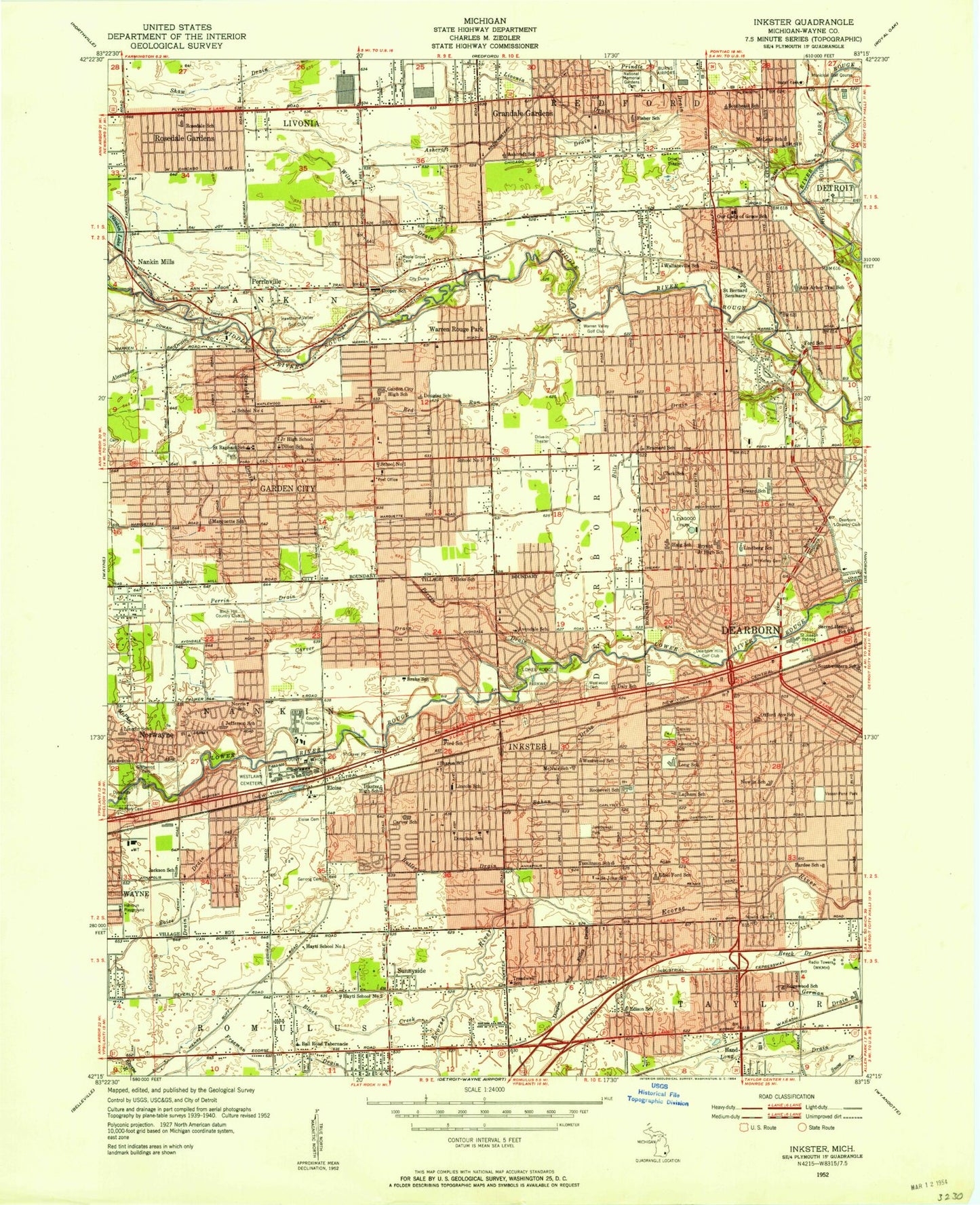 Classic USGS Inkster Michigan 7.5'x7.5' Topo Map Image