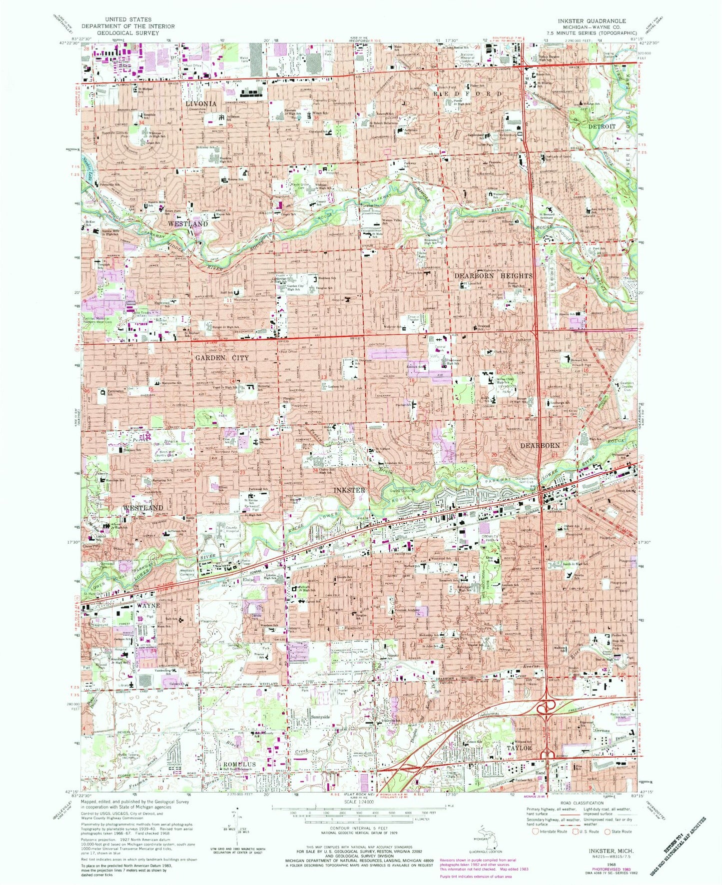 Classic USGS Inkster Michigan 7.5'x7.5' Topo Map Image