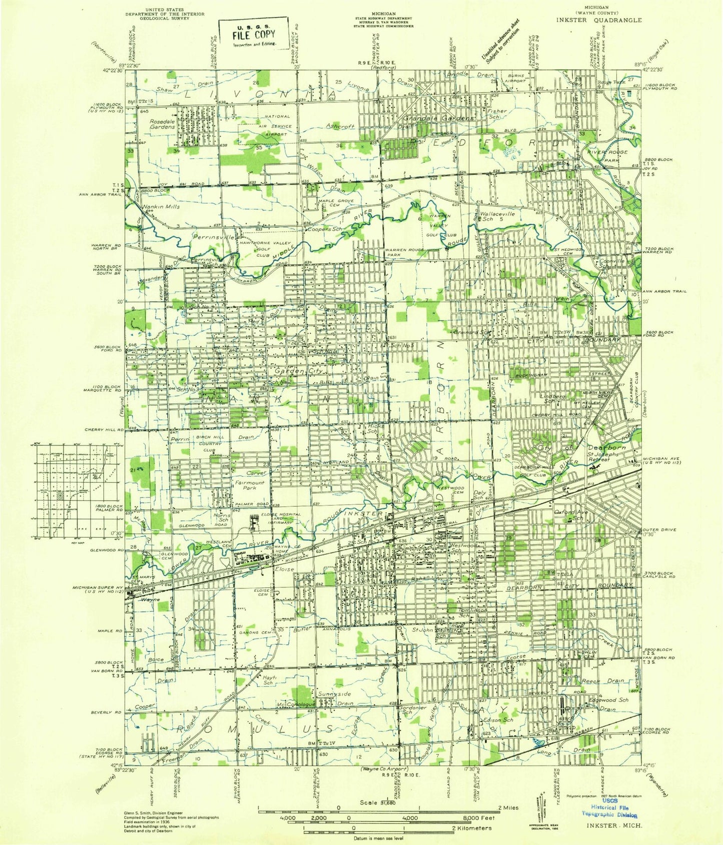 Classic USGS Inkster Michigan 7.5'x7.5' Topo Map Image