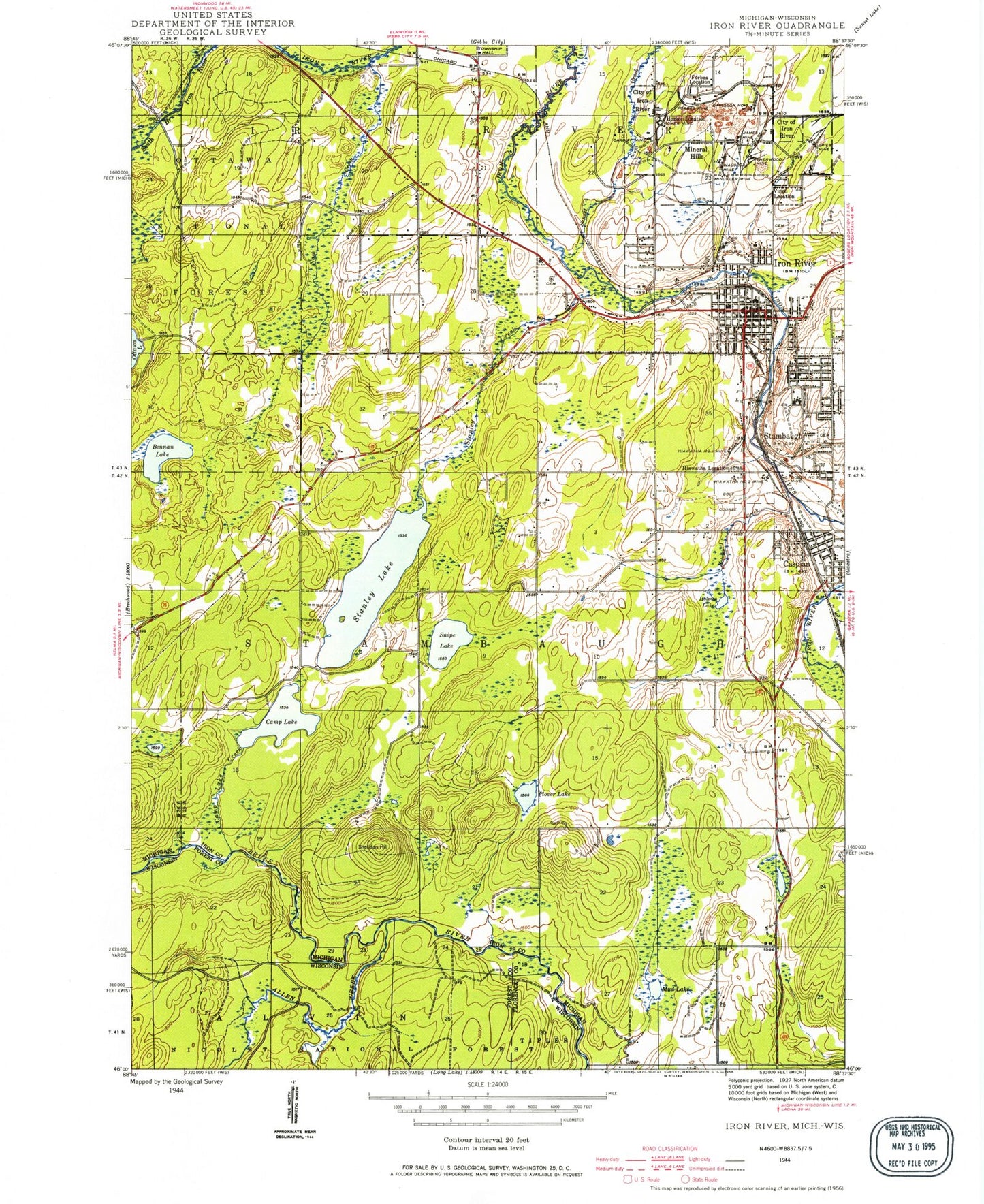 Classic USGS Iron River Michigan 7.5'x7.5' Topo Map Image