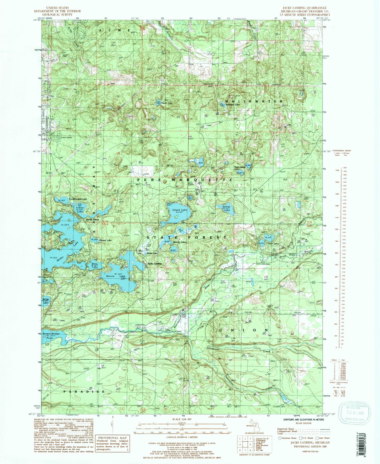 Classic USGS Jacks Landing Michigan 7.5'x7.5' Topo Map Image