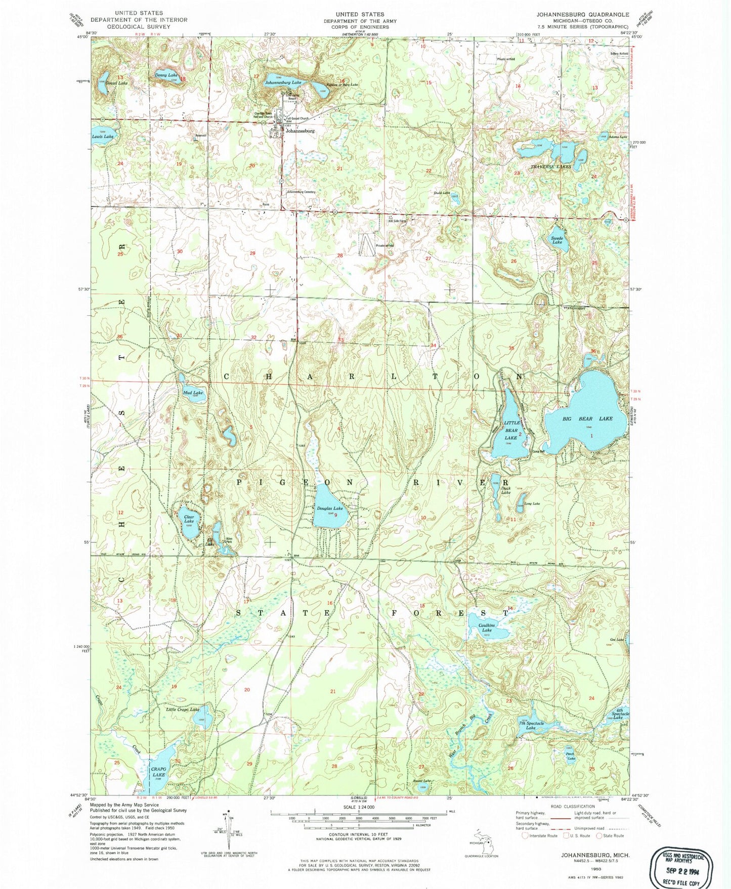 Classic USGS Johannesburg Michigan 7.5'x7.5' Topo Map Image