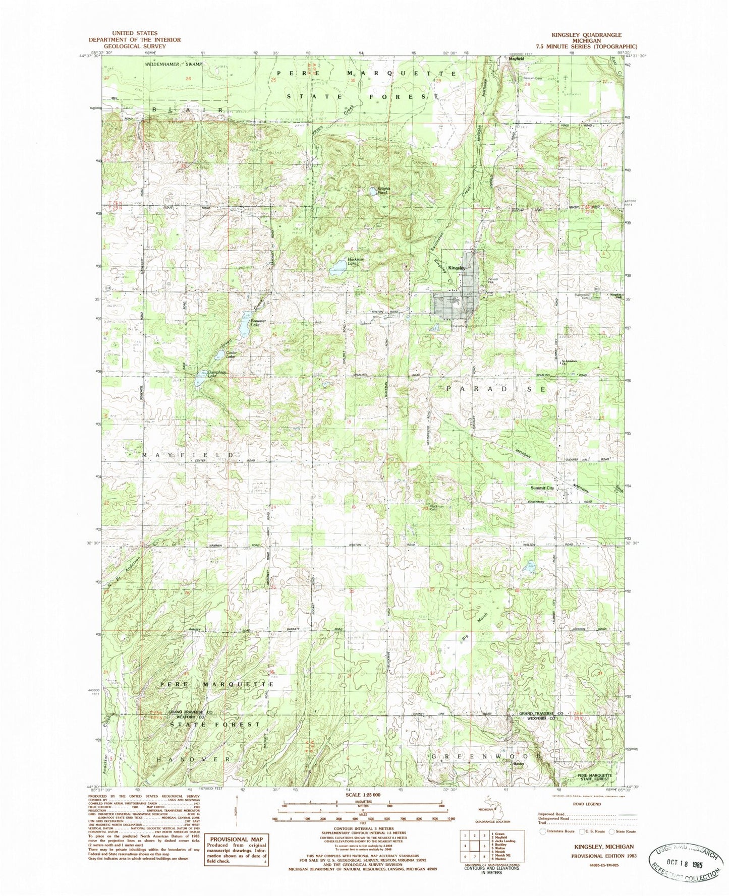 Classic USGS Kingsley Michigan 7.5'x7.5' Topo Map Image