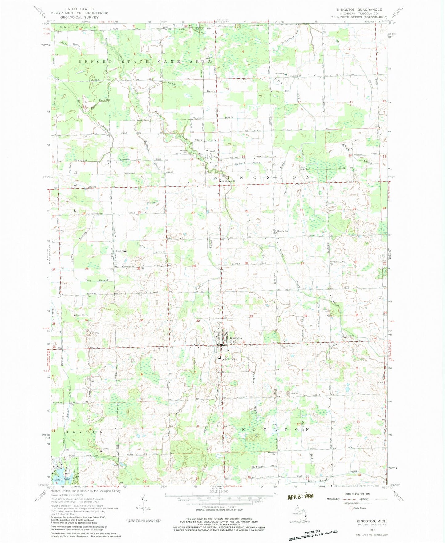Classic USGS Kingston Michigan 7.5'x7.5' Topo Map Image