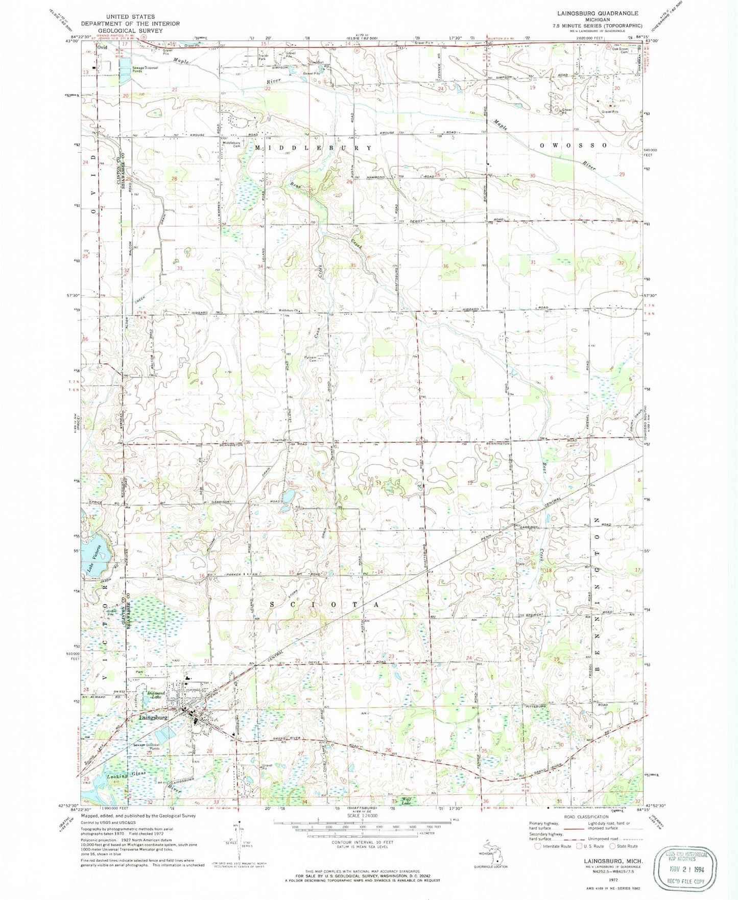 Classic USGS Laingsburg Michigan 7.5'x7.5' Topo Map Image