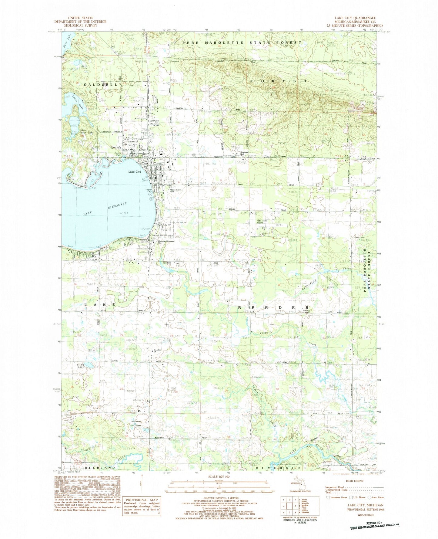 Classic USGS Lake City Michigan 7.5'x7.5' Topo Map Image