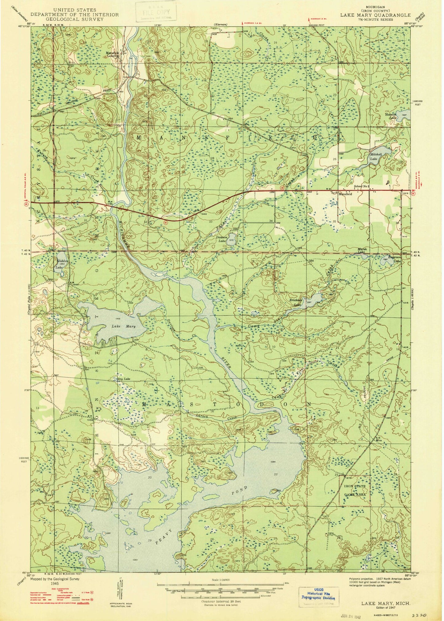 Classic USGS Lake Mary Michigan 7.5'x7.5' Topo Map Image