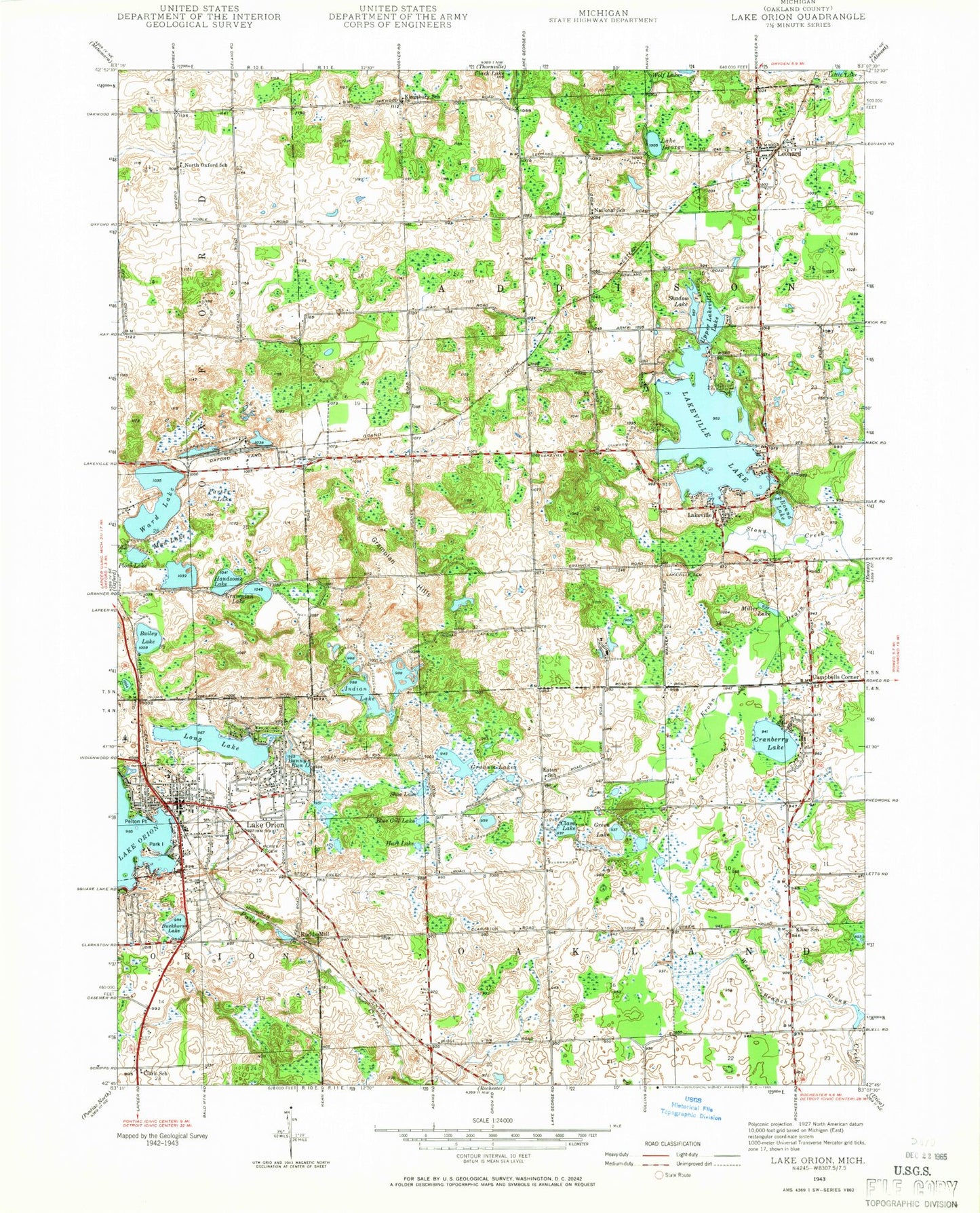 USGS Classic Lake Orion Michigan 7.5'x7.5' Topo Map Image