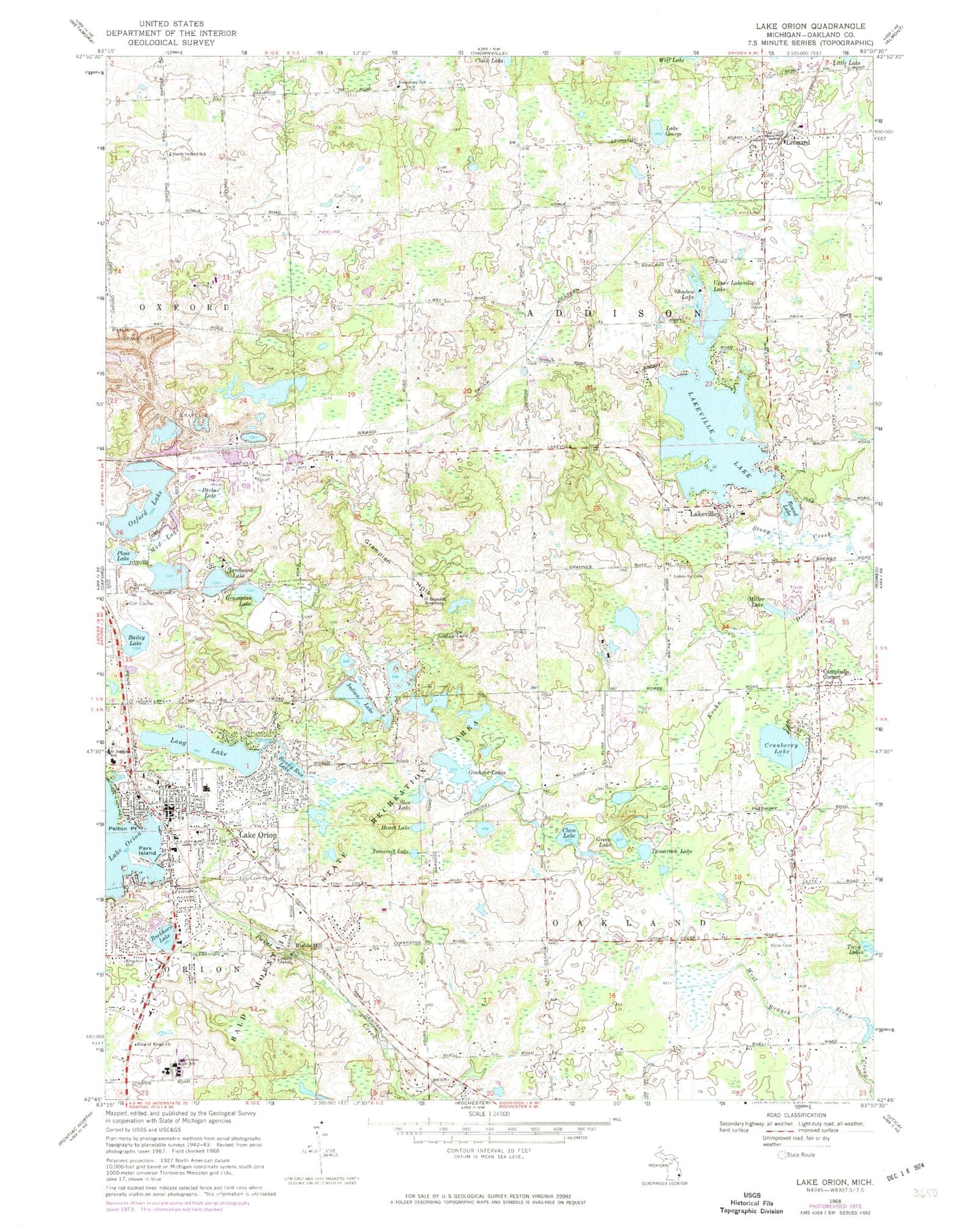 USGS Classic Lake Orion Michigan 7.5'x7.5' Topo Map Image