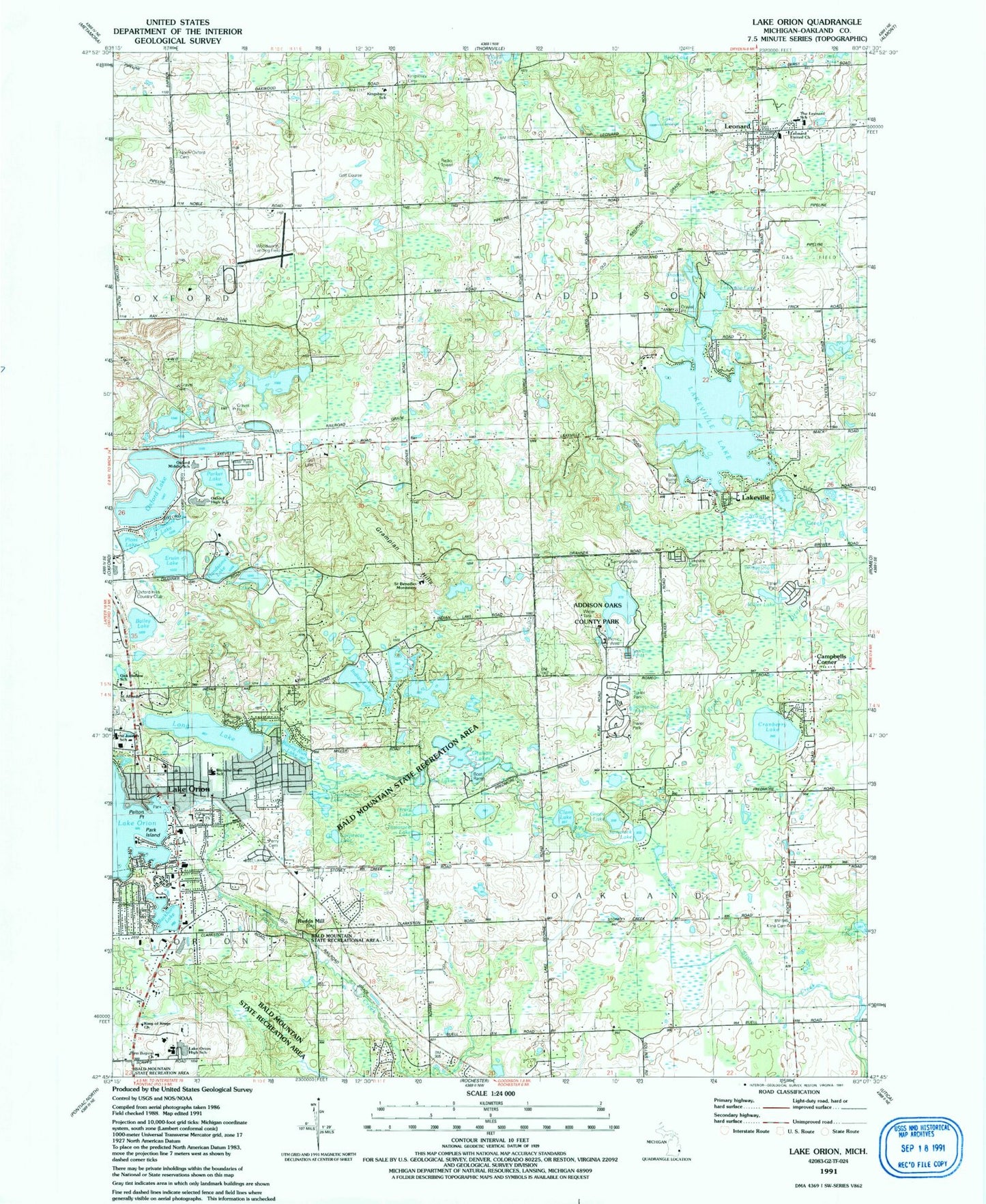 USGS Classic Lake Orion Michigan 7.5'x7.5' Topo Map Image