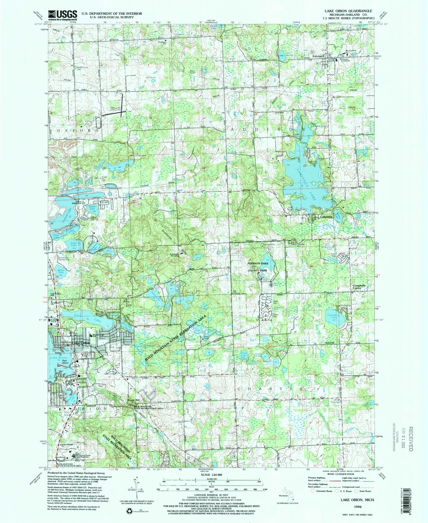 USGS Classic Lake Orion Michigan 7.5'x7.5' Topo Map Image