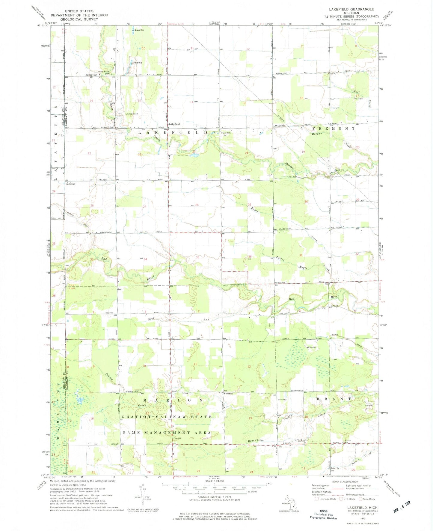 Classic USGS Lakefield Michigan 7.5'x7.5' Topo Map Image
