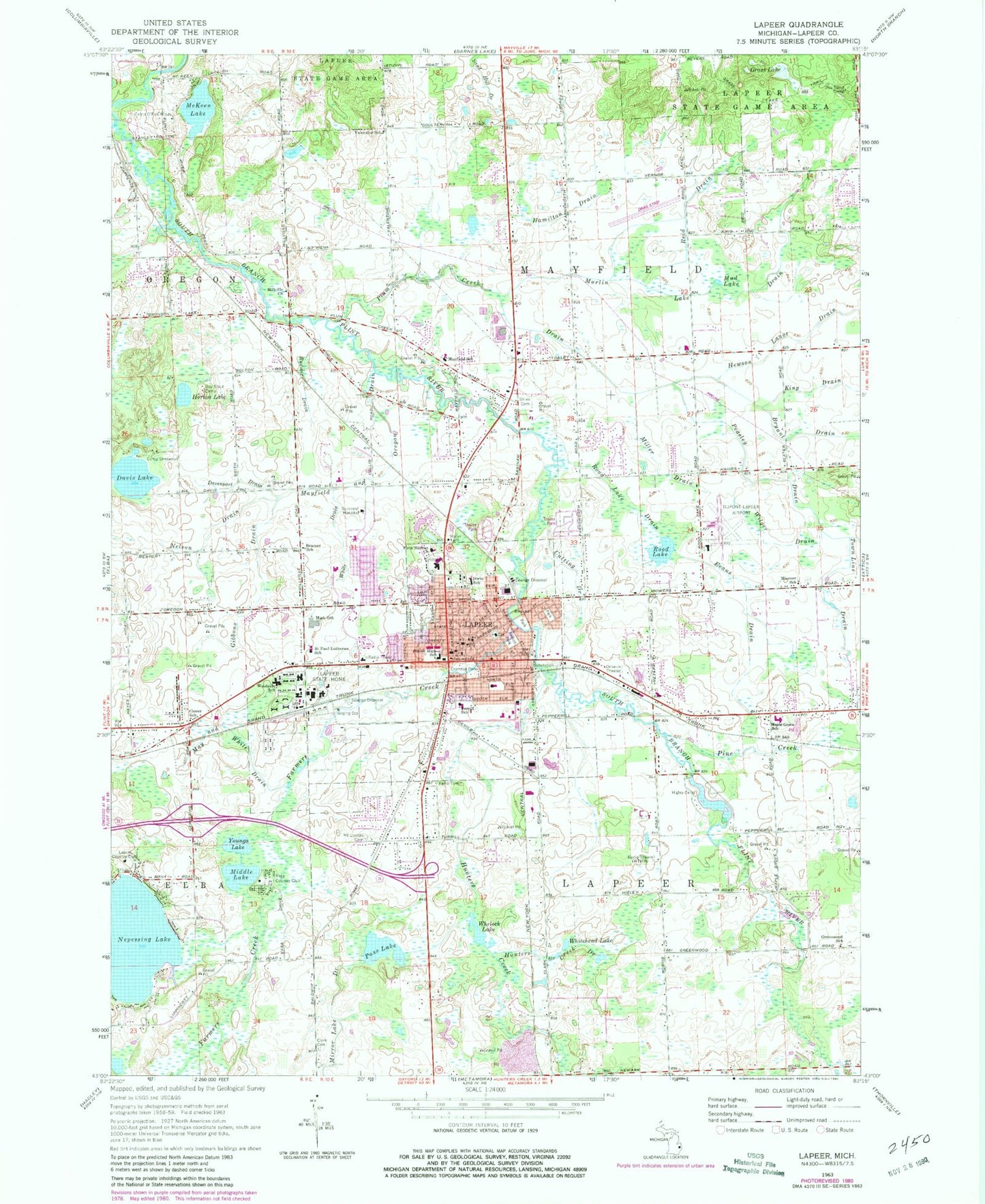 Classic USGS Lapeer Michigan 7.5'x7.5' Topo Map Image