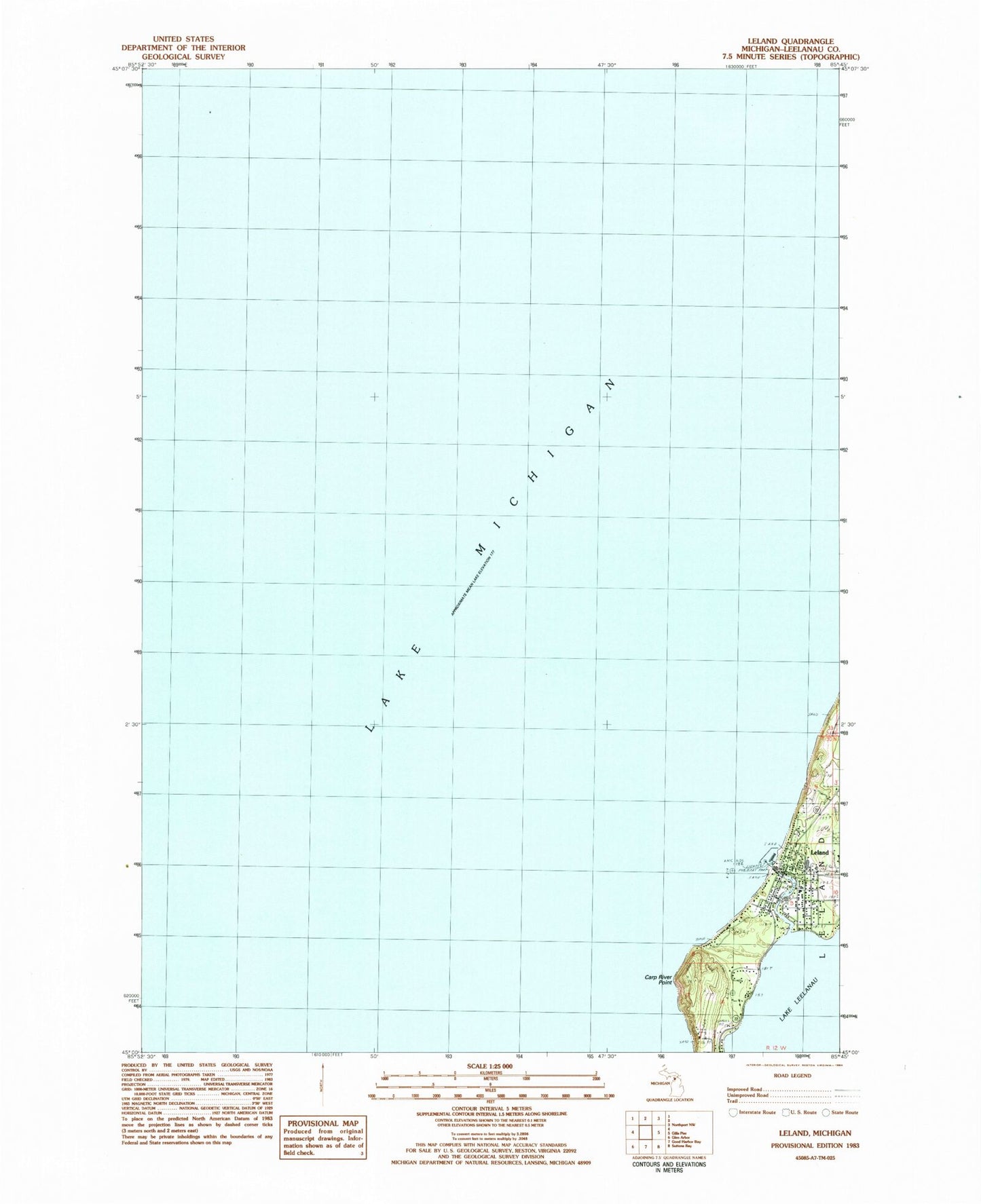 Classic USGS Leland Michigan 7.5'x7.5' Topo Map Image