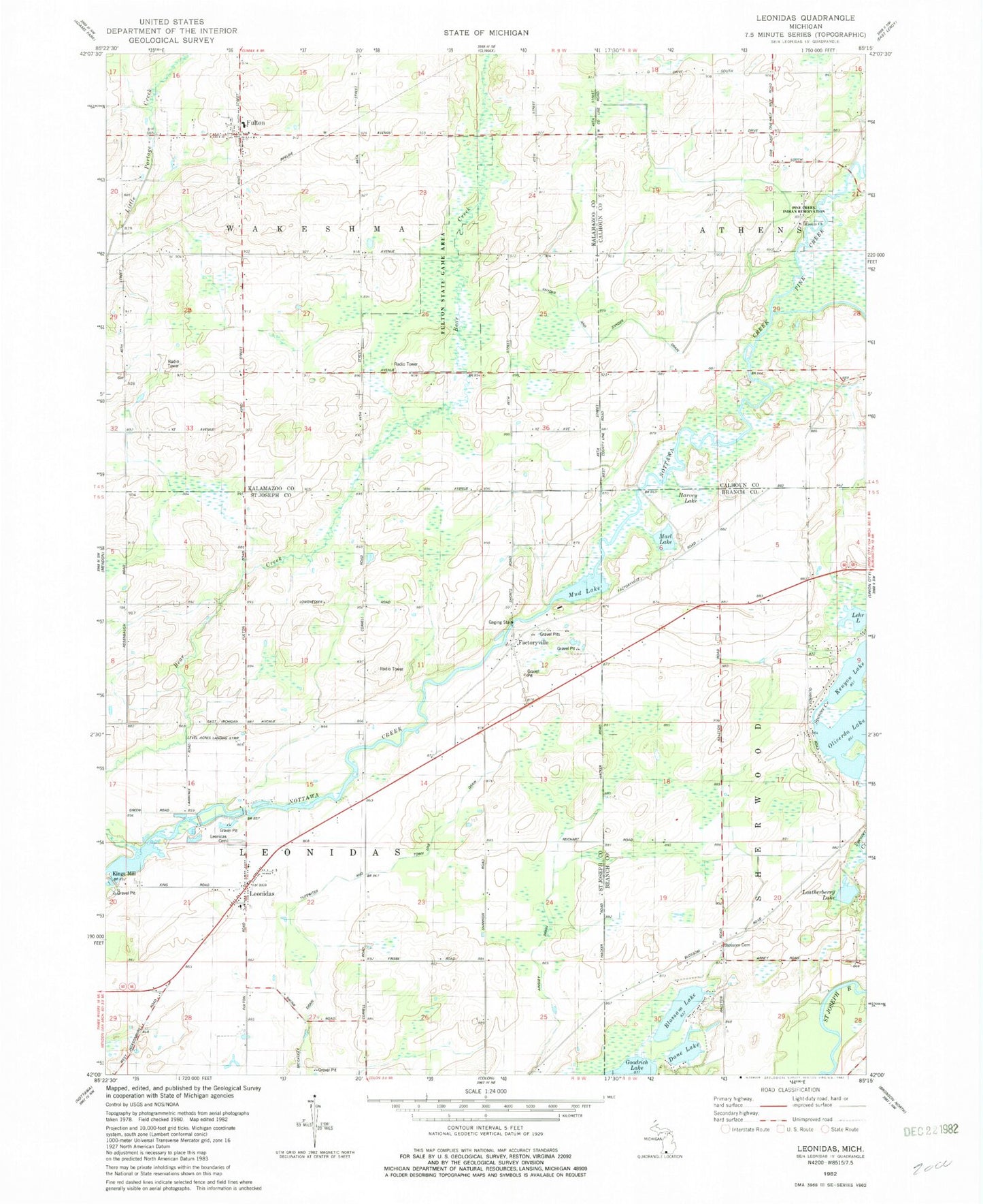 Classic USGS Leonidas Michigan 7.5'x7.5' Topo Map Image